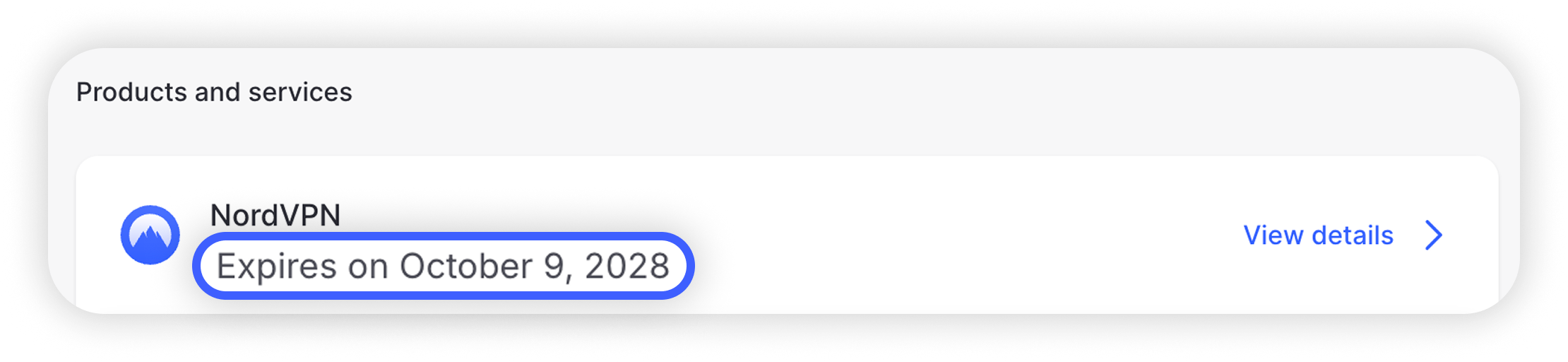 Nord Account Services section showing NordVPN subscription expiration date highlighted in a blue box