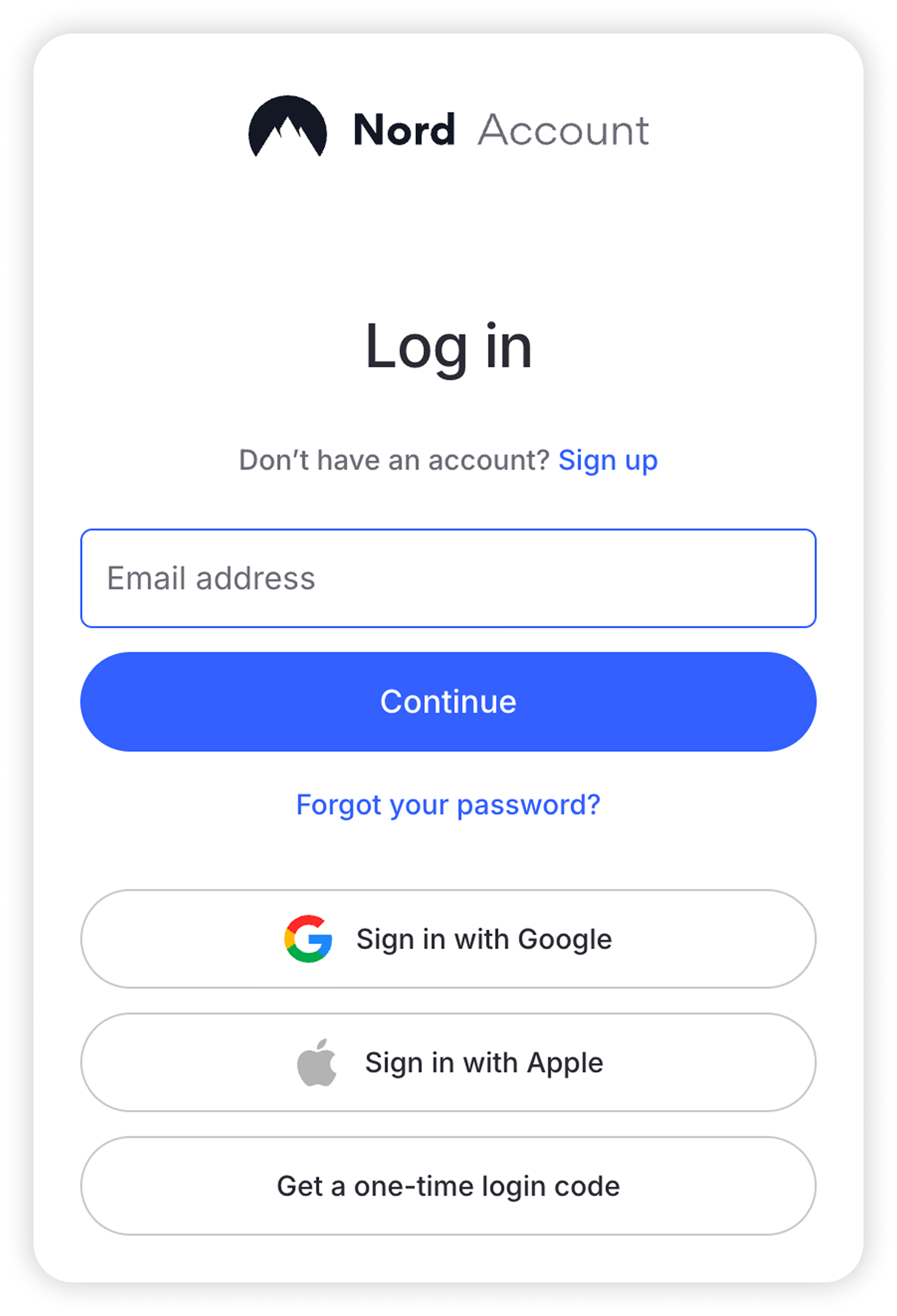 Nord Account login page with email address field, Continue button, and Google and Apple sign-in options