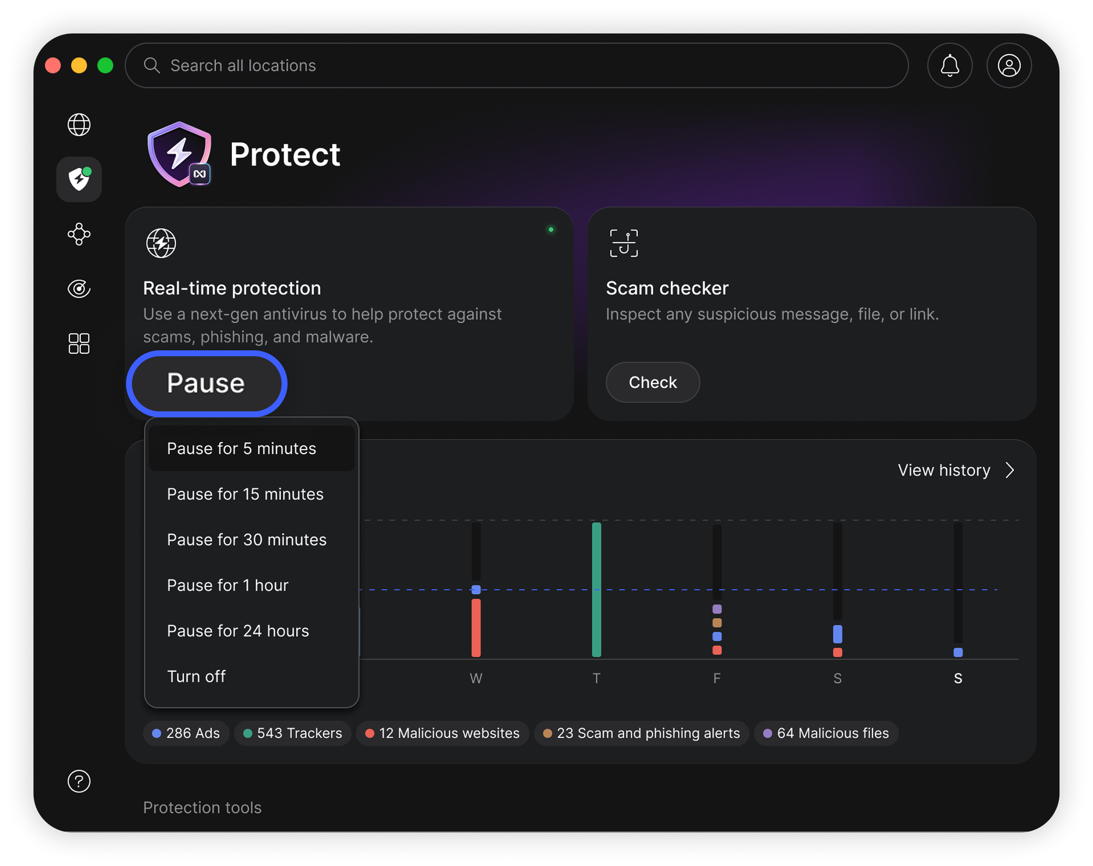 NordVPN macOS app Protection screen with the Pause button highlighted and a pause duration dropdown open showing time options