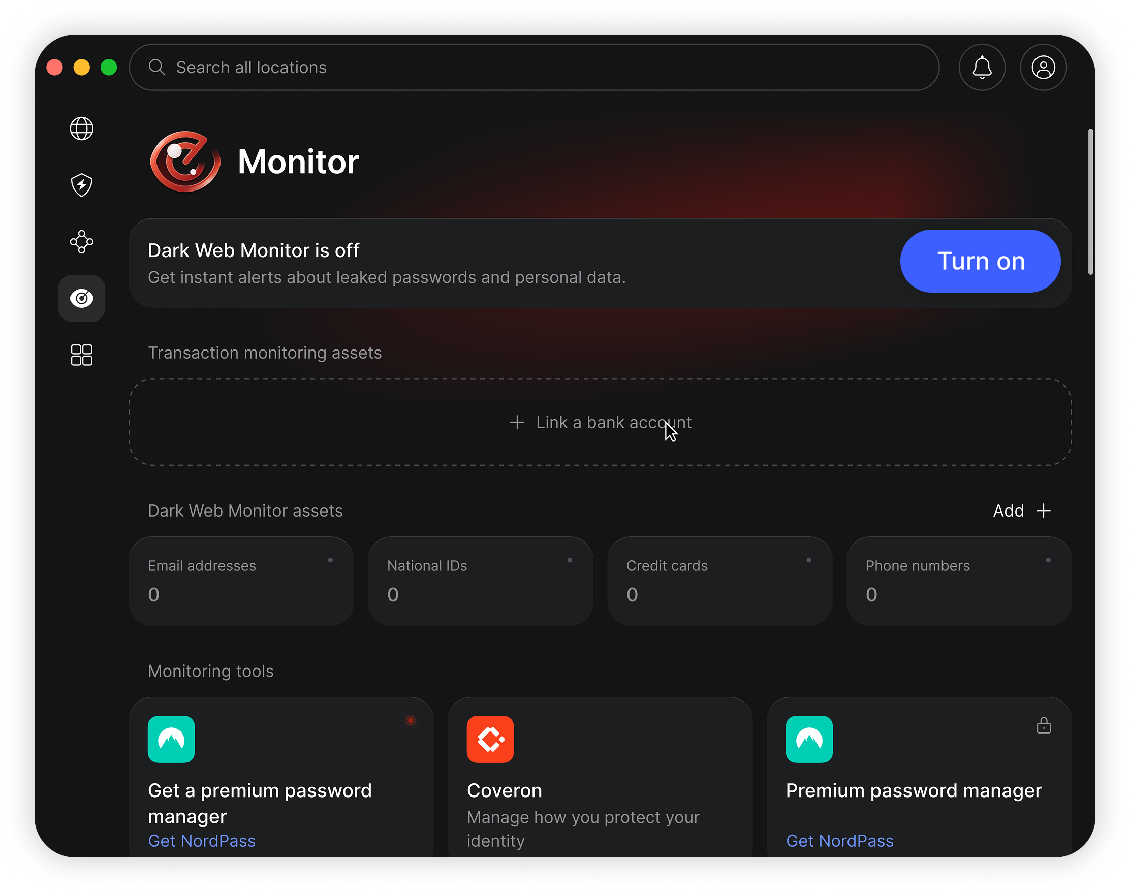 NordVPN desktop app Monitor overview page showing the Turn on highlighted