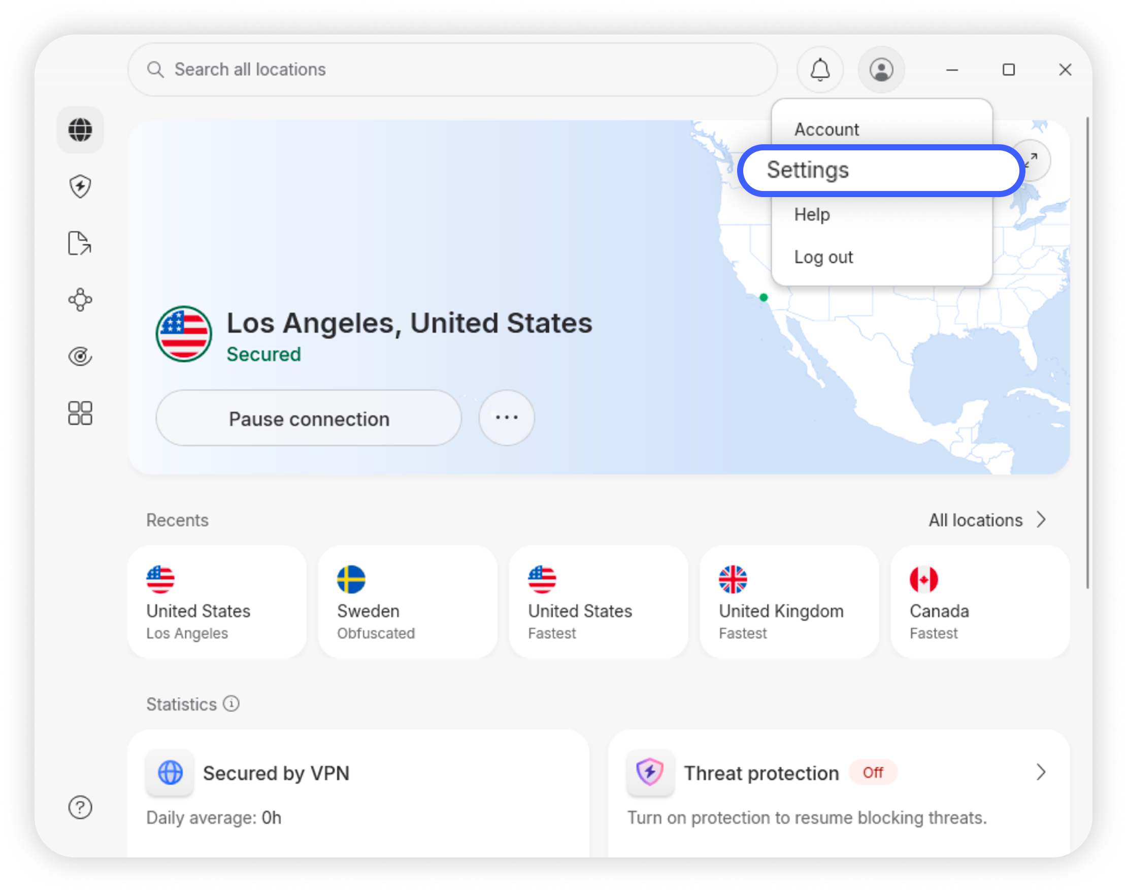 NordVPN Windows 10/11 app main screen with highlighter profile icon and settings option circled at the top-right corne