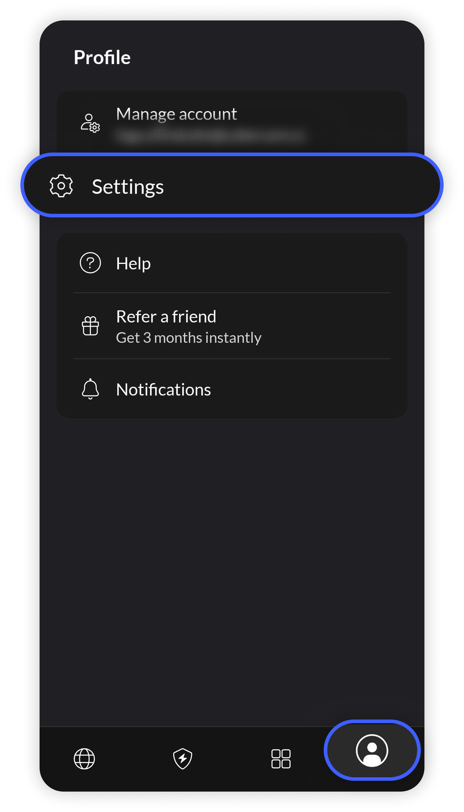 NordVPN Android app Profile screen with Settings option and profile icon at the bottom circled