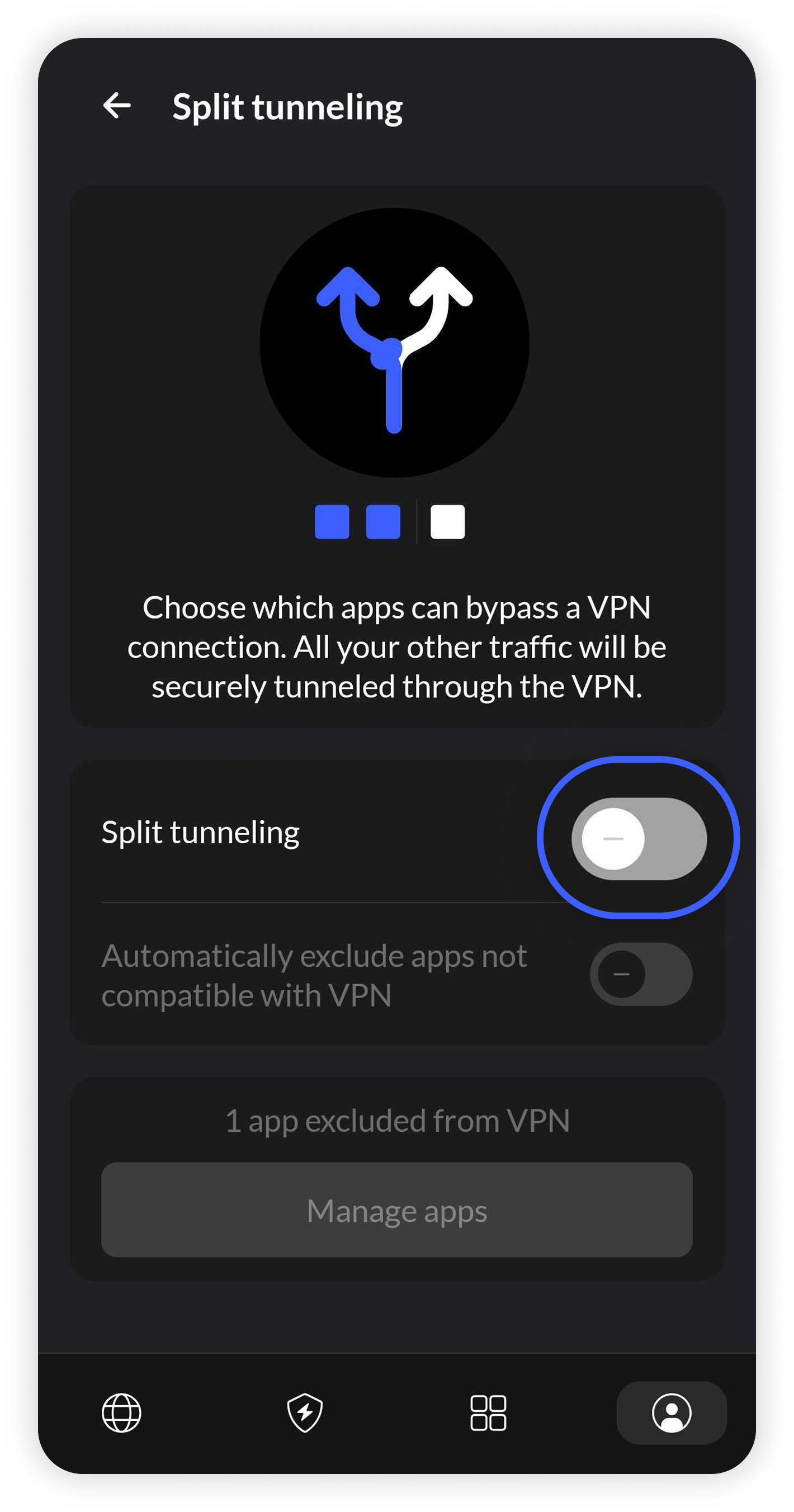 NordVPN Android Split tunneling screen with 'Split tunneling' toggle circled