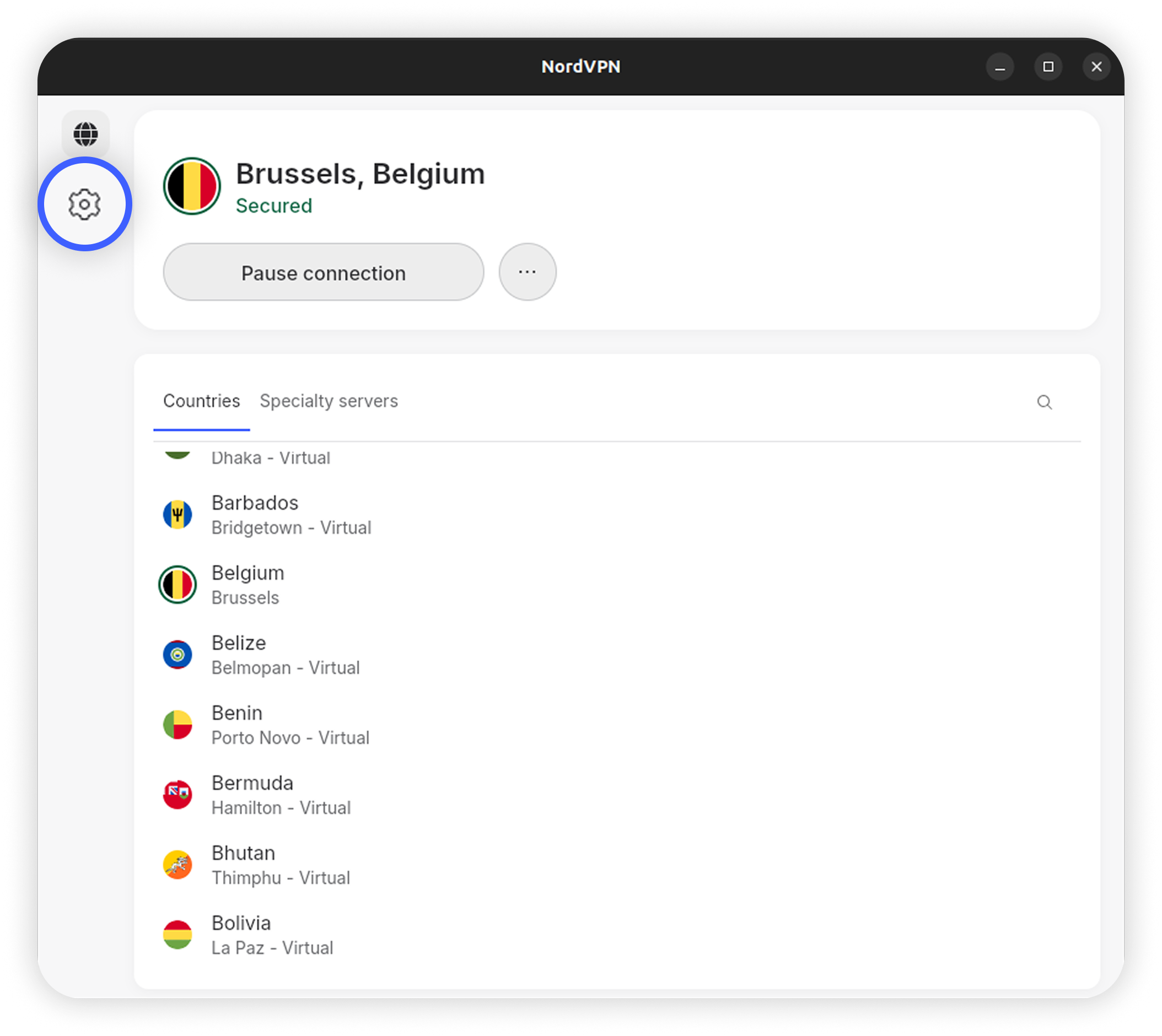 NordVPN Linux GUI app main screen with Settings icon circled in the left sidebar