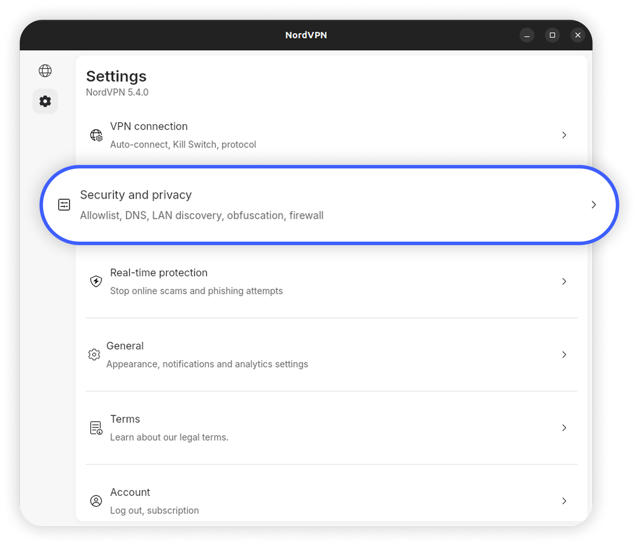 NordVPN Linux GUI Settings screen with 'Security and privacy' option circled