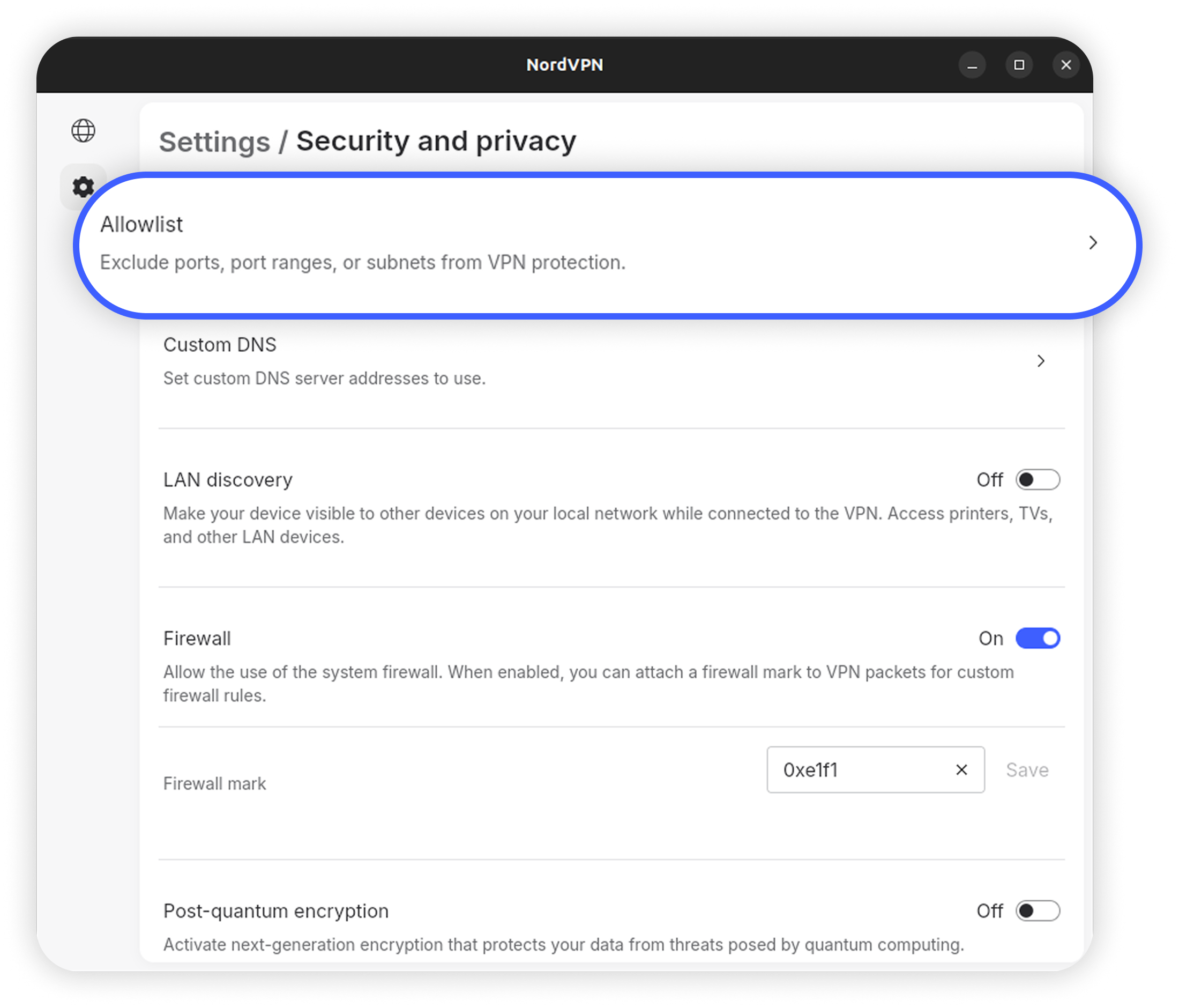 NordVPN Linux GUI Security and privacy settings with 'Allowlist' option circled
