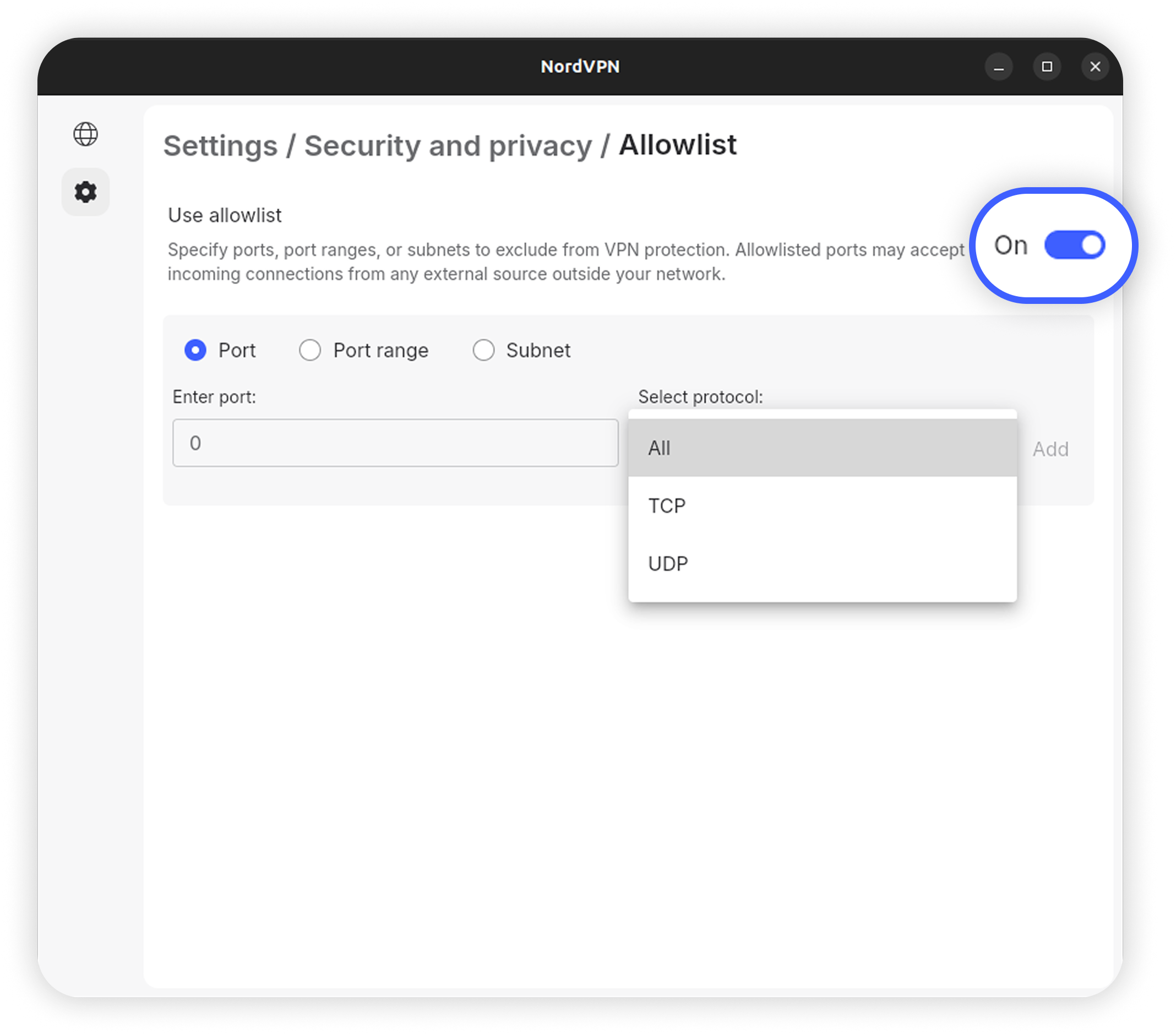 NordVPN Linux GUI Allowlist settings page with 'Use allowlist' toggle On and port/protocol entry fields visible