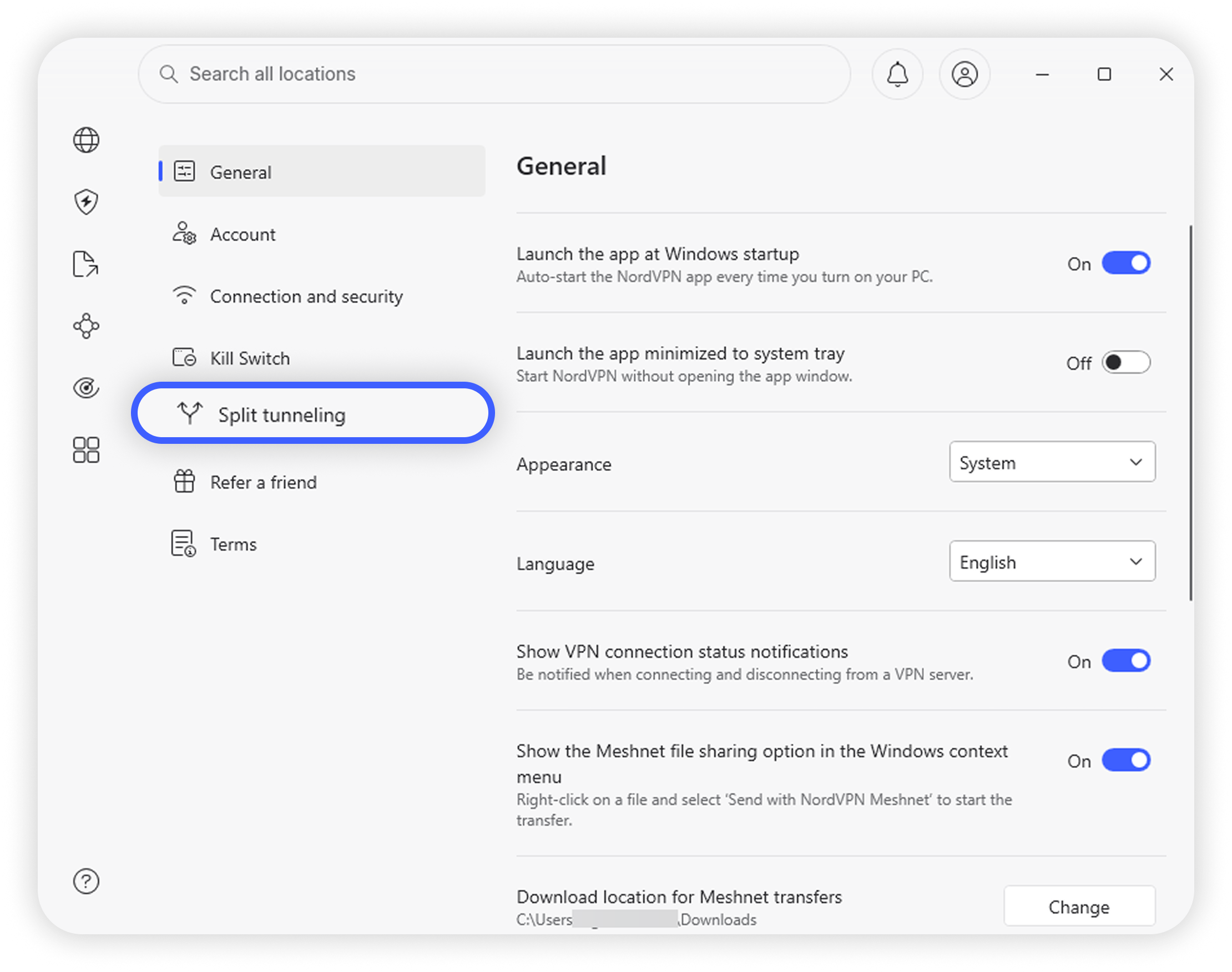 NordVPN Windows 10/11 Settings screen with 'Split tunneling' option circled in the left sidebar
