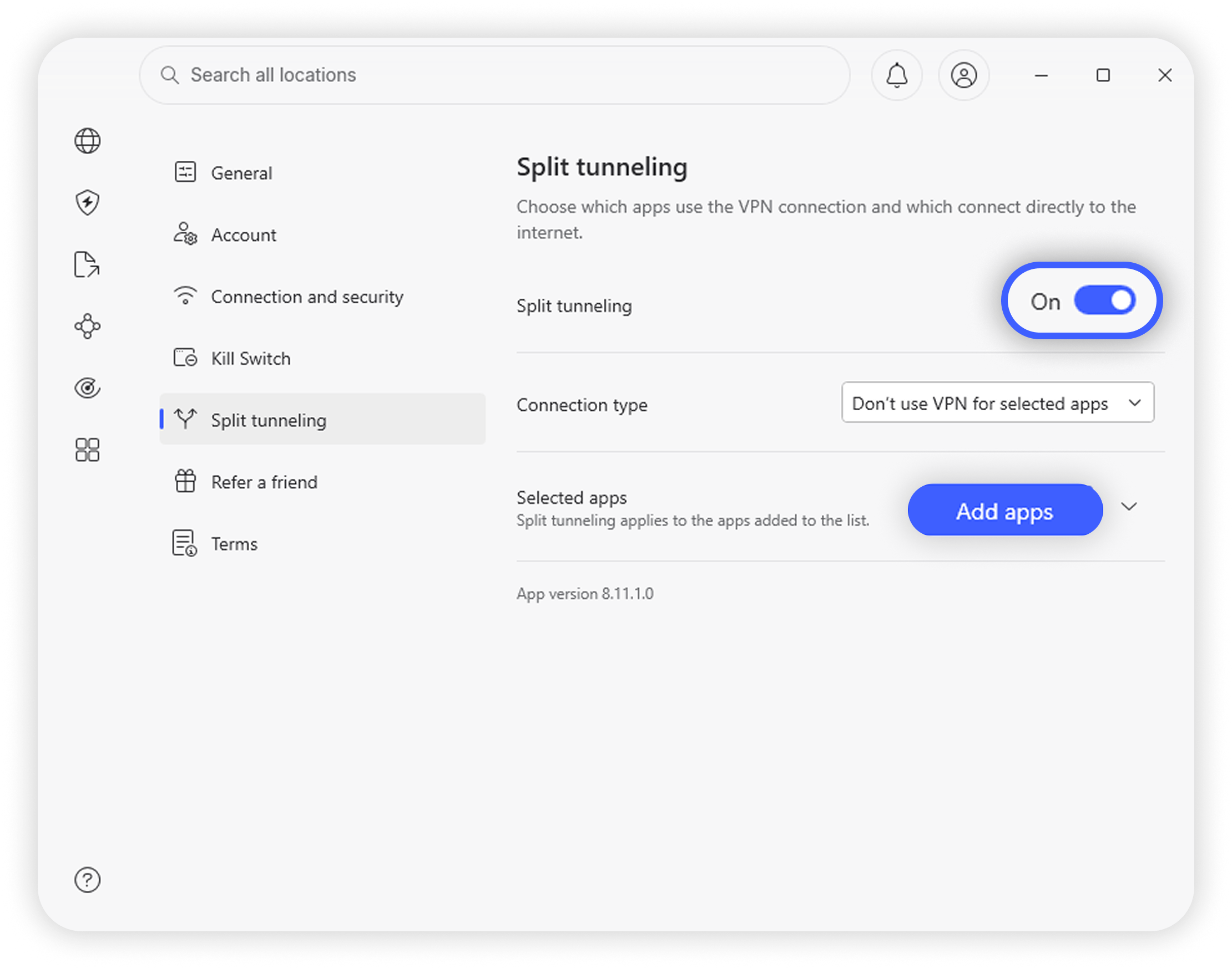 NordVPN Windows 10/11 Split Tunneling settings page with toggle turned On and 'Add apps' button highlighted