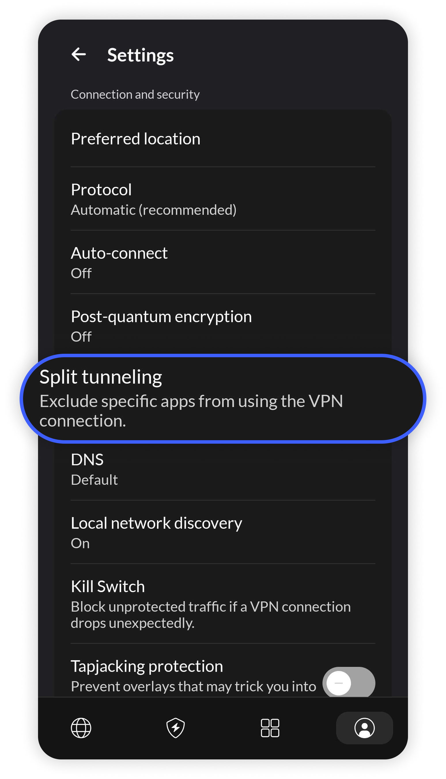 NordVPN Android app Settings screen with 'Split tunneling' option circled in the Connection and security section
