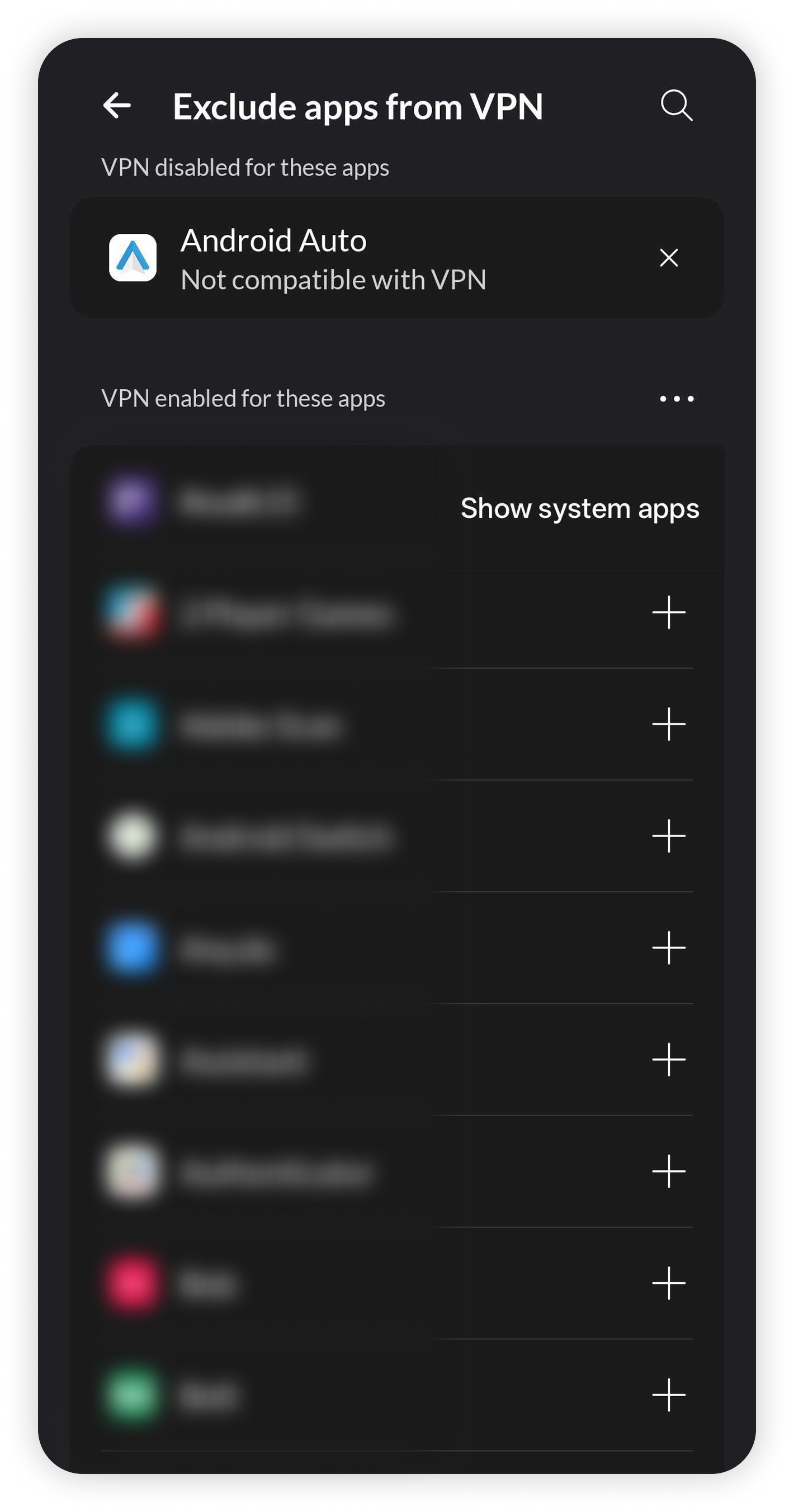 NordVPN Android 'Exclude apps from VPN' screen listing apps that can be excluded from VPN protection