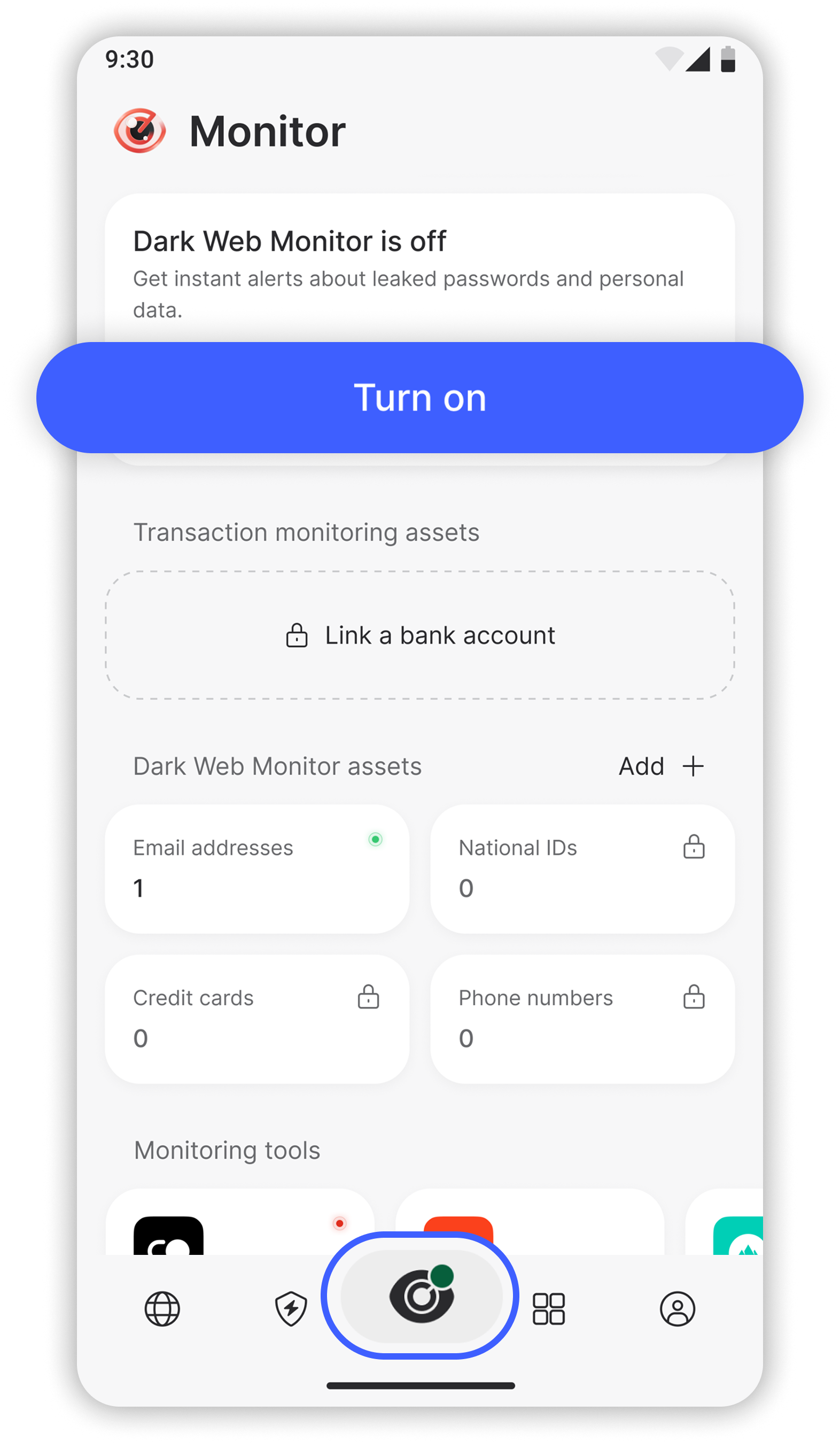 NordVPN mobile app Monitor page showing 'Dark Web Monitoris off' and 'Turn on' button and with the Monitor button highlighted in the bottom navigation bar