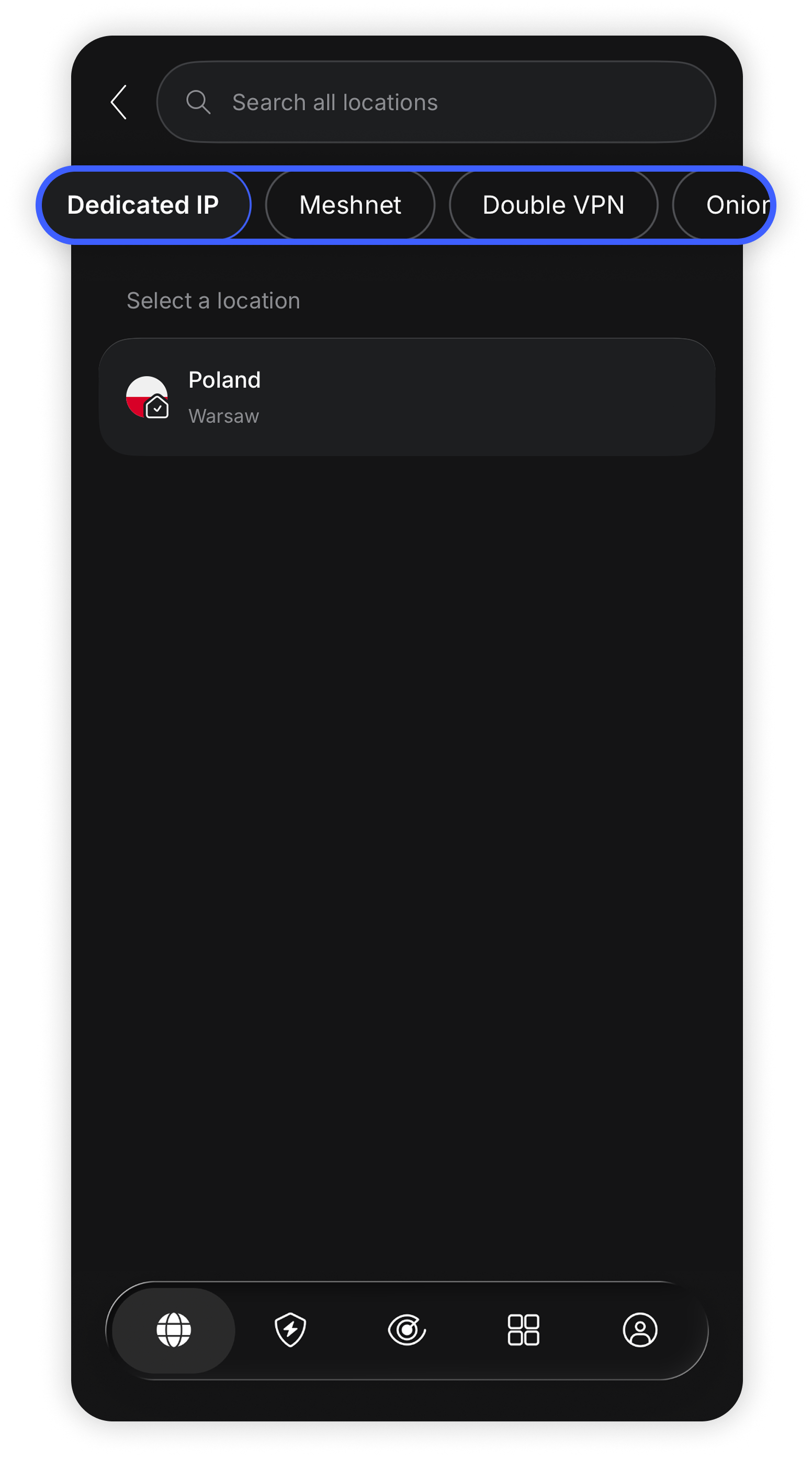 NordVPN iOS app specialty server selection screen with Dedicated IP, Meshnet, Double VPN, and Onion tabs highlighted at the top