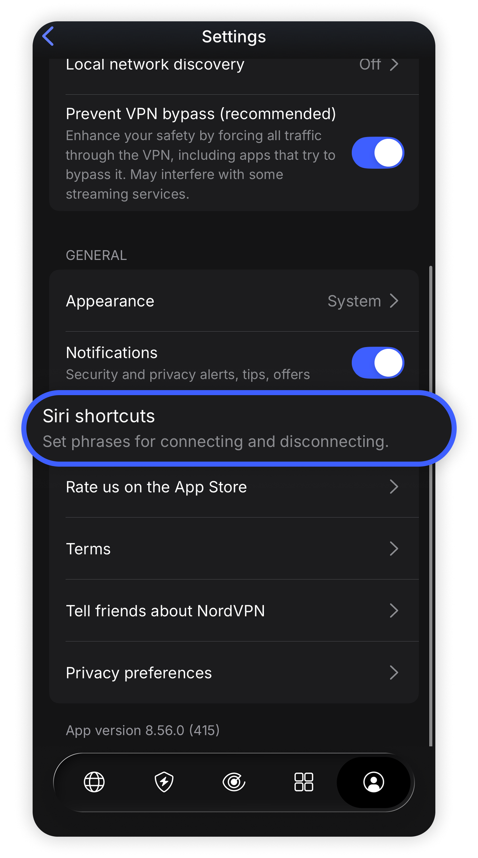 NordVPN iOS Settings screen with 'Siri shortcuts' option highlighted in the General section