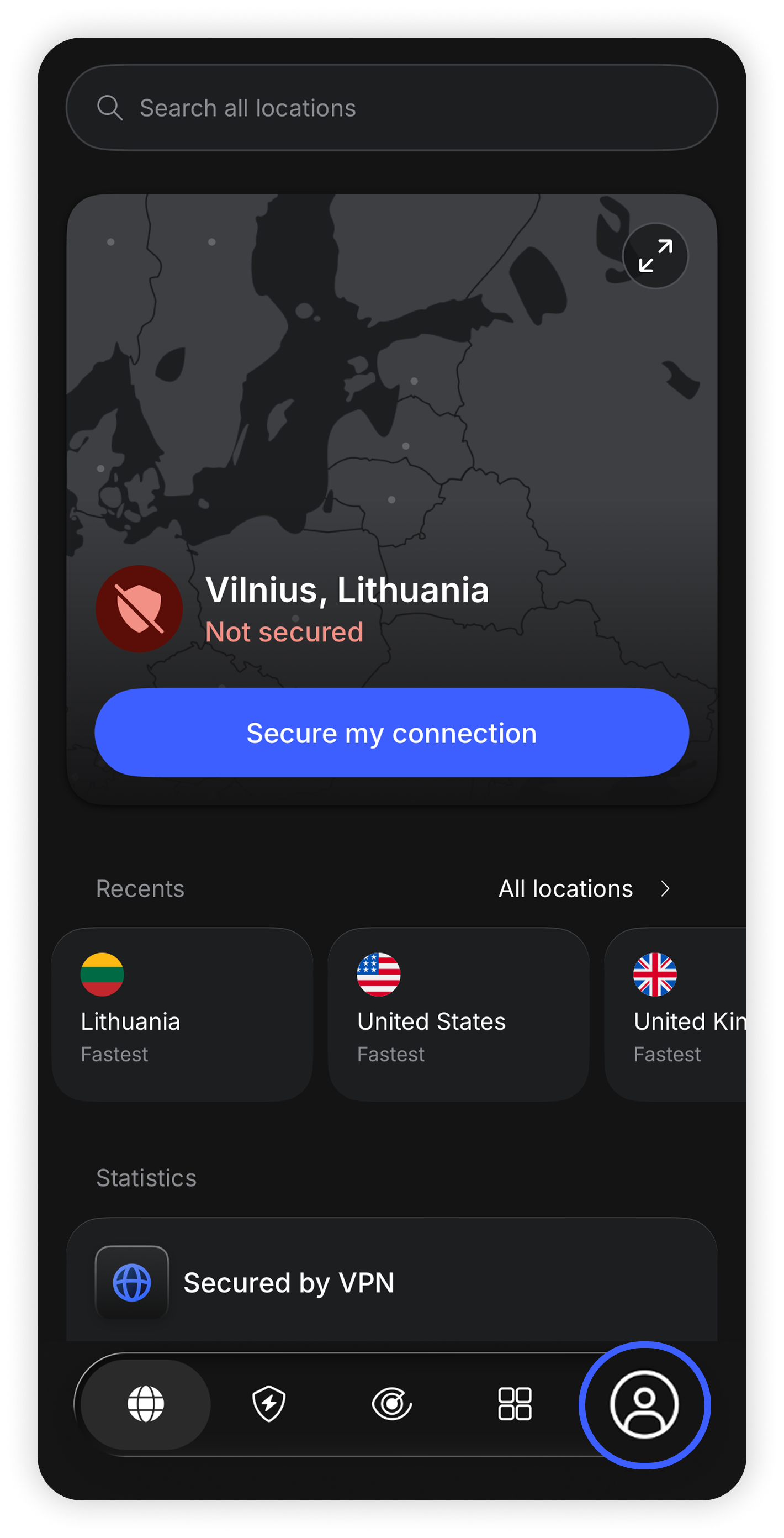 NordVPN iOS app main screen with the Profile icon in the bottom-right corner highlighted