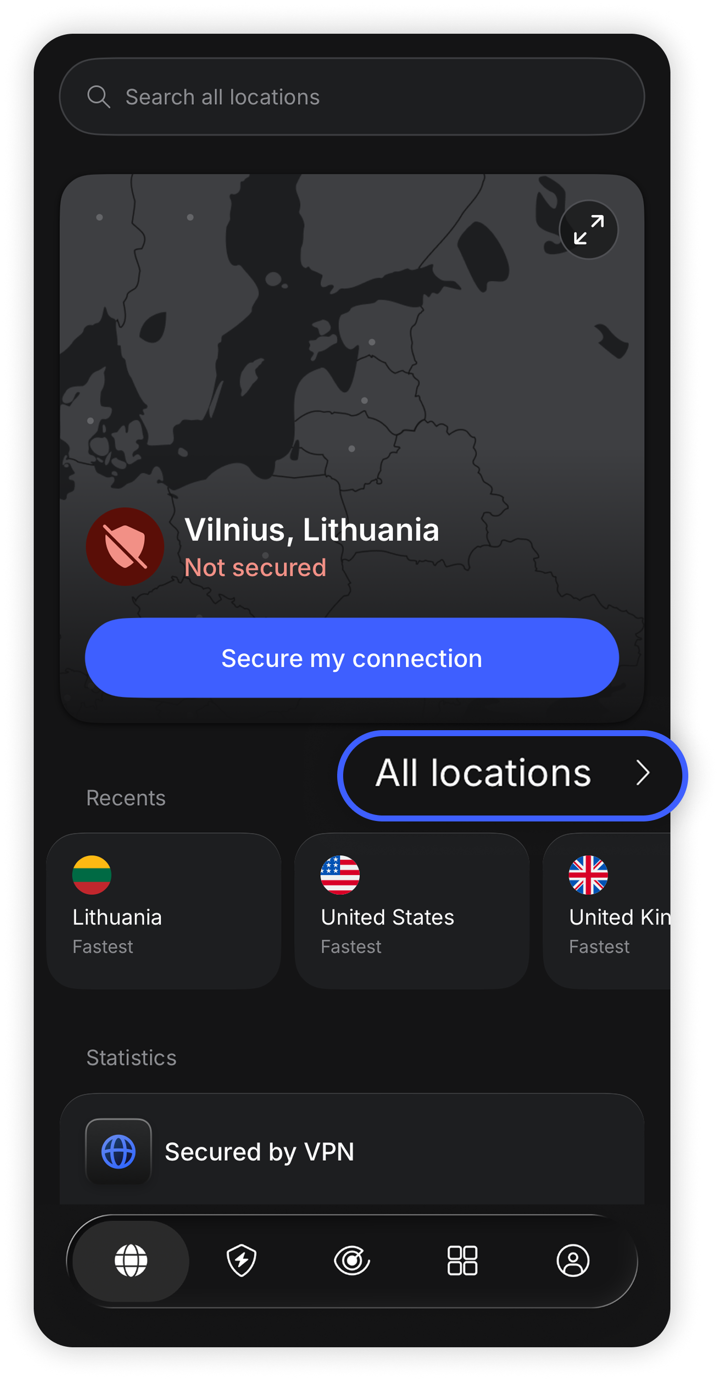 NordVPN iOS app home screen showing 'All locations' button highlighted in a blue circle