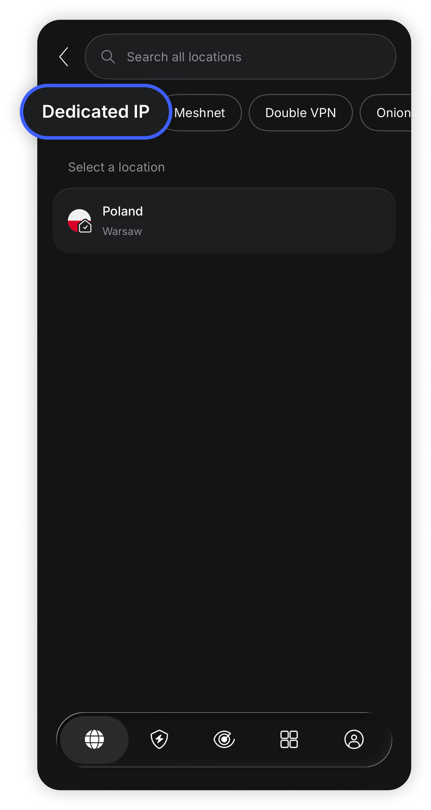 NordVPN iOS app specialty servers list with 'Dedicated IP' tab highlighted and an assigned Warsaw, Poland server shown
