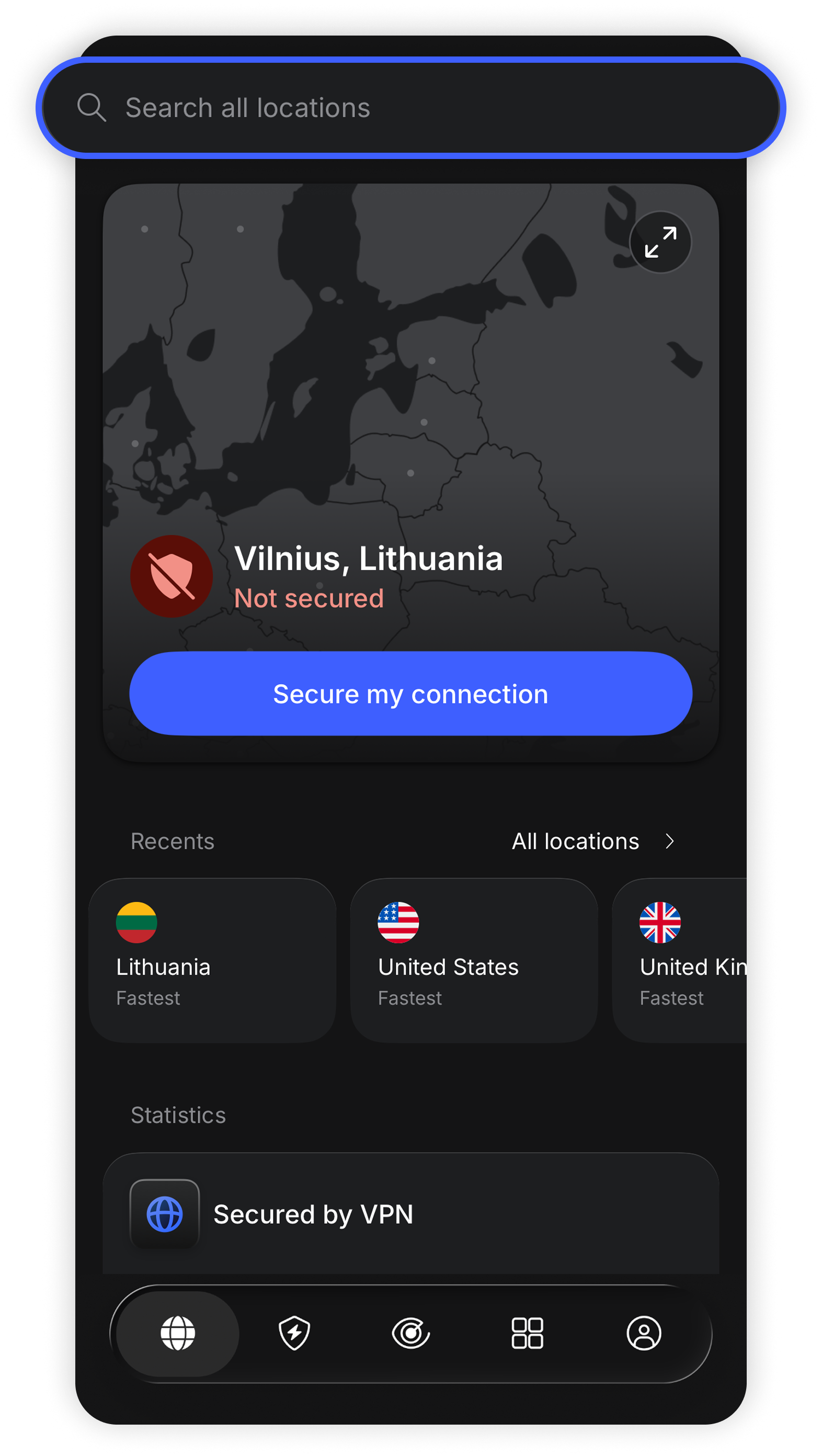 NordVPN iOS app home screen with the search bar at the top highlighted in a blue circle