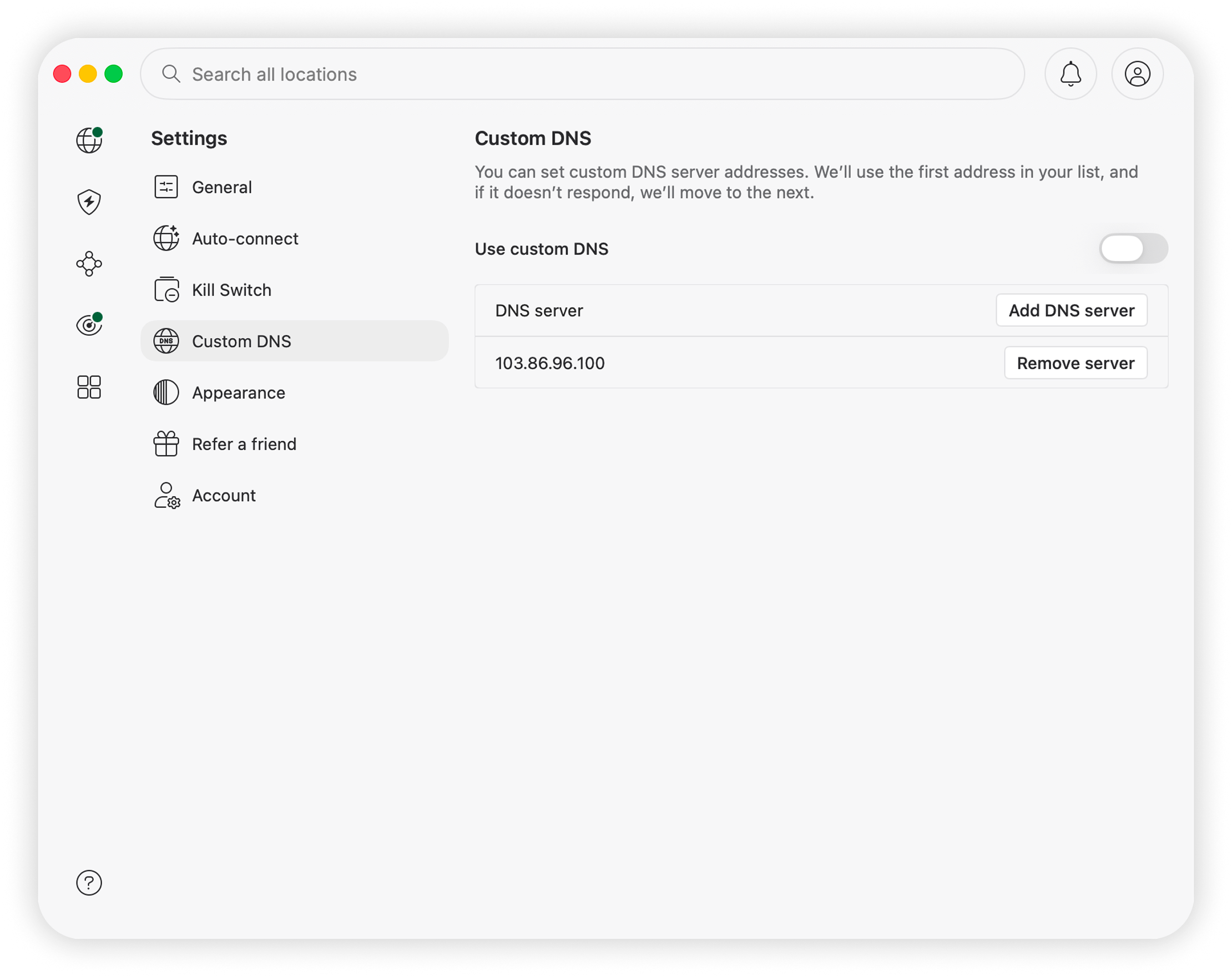 NordVPN macOS app Custom DNS settings with 103.86.96.100 entered as the first custom DNS address