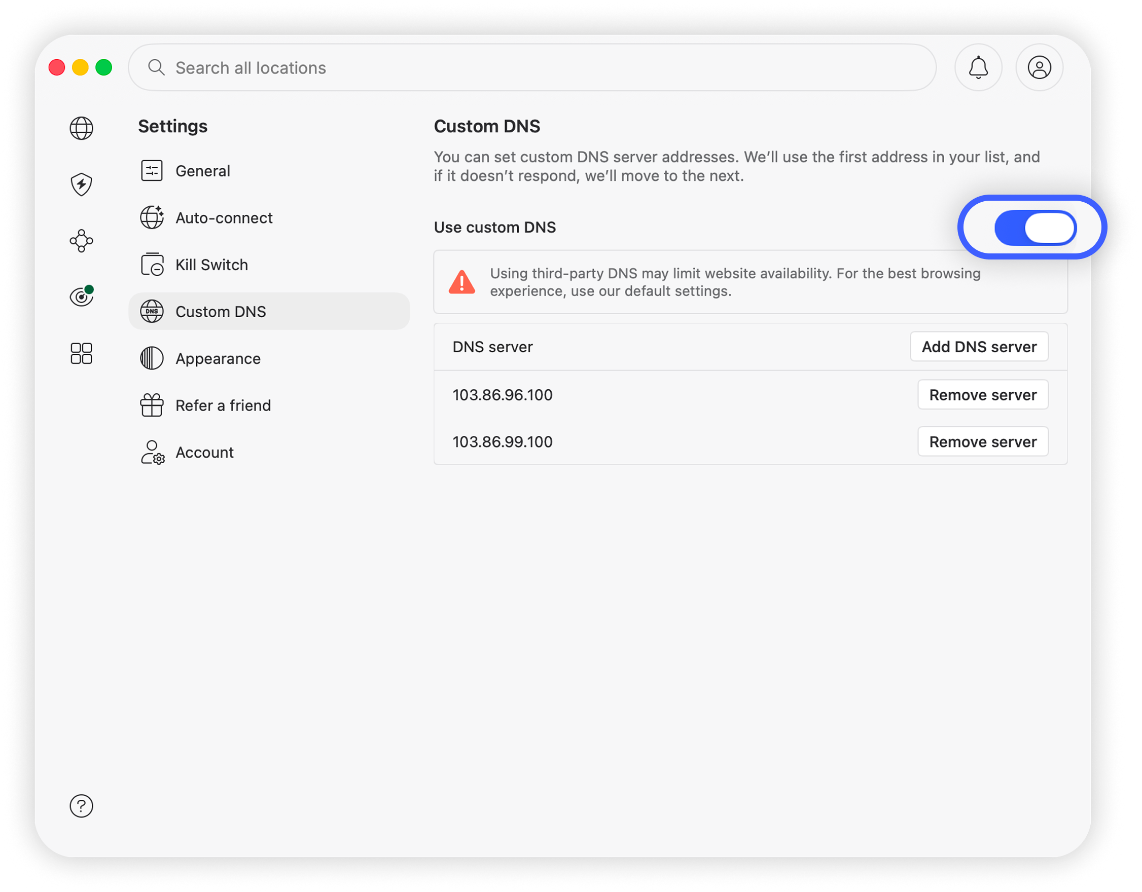 NordVPN macOS app Custom DNS settings with the 'Use Custom DNS' toggle highlighted, ready to be enabled
