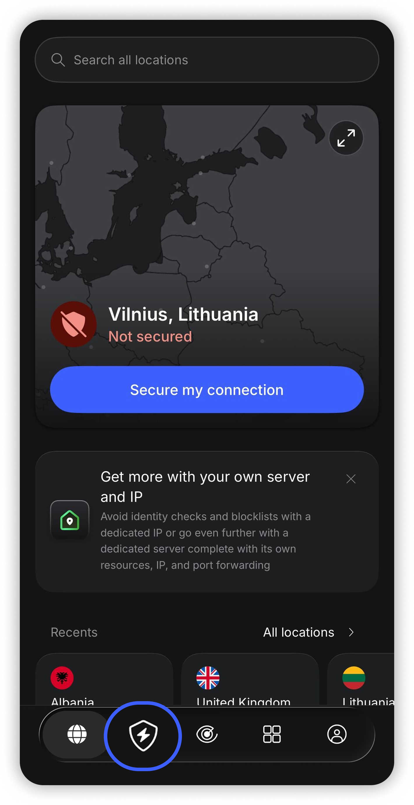 NordVPN iOS app home screen with the Real-time protection shield icon circled in the bottom navigation bar