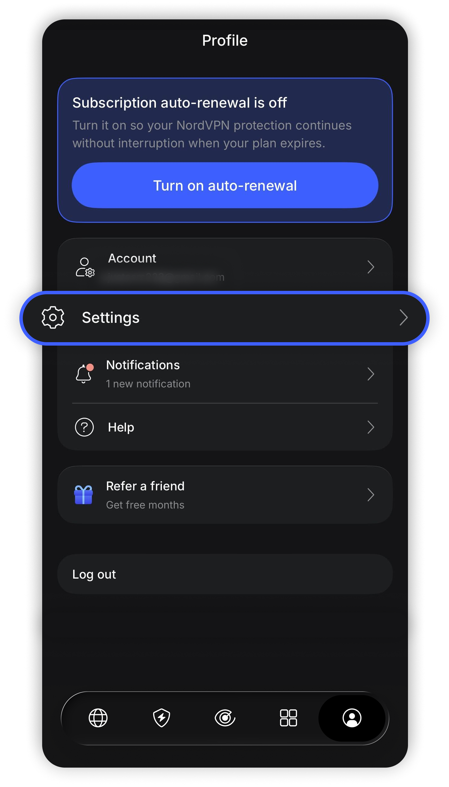 NordVPN iOS app Profile screen with the Settings circled