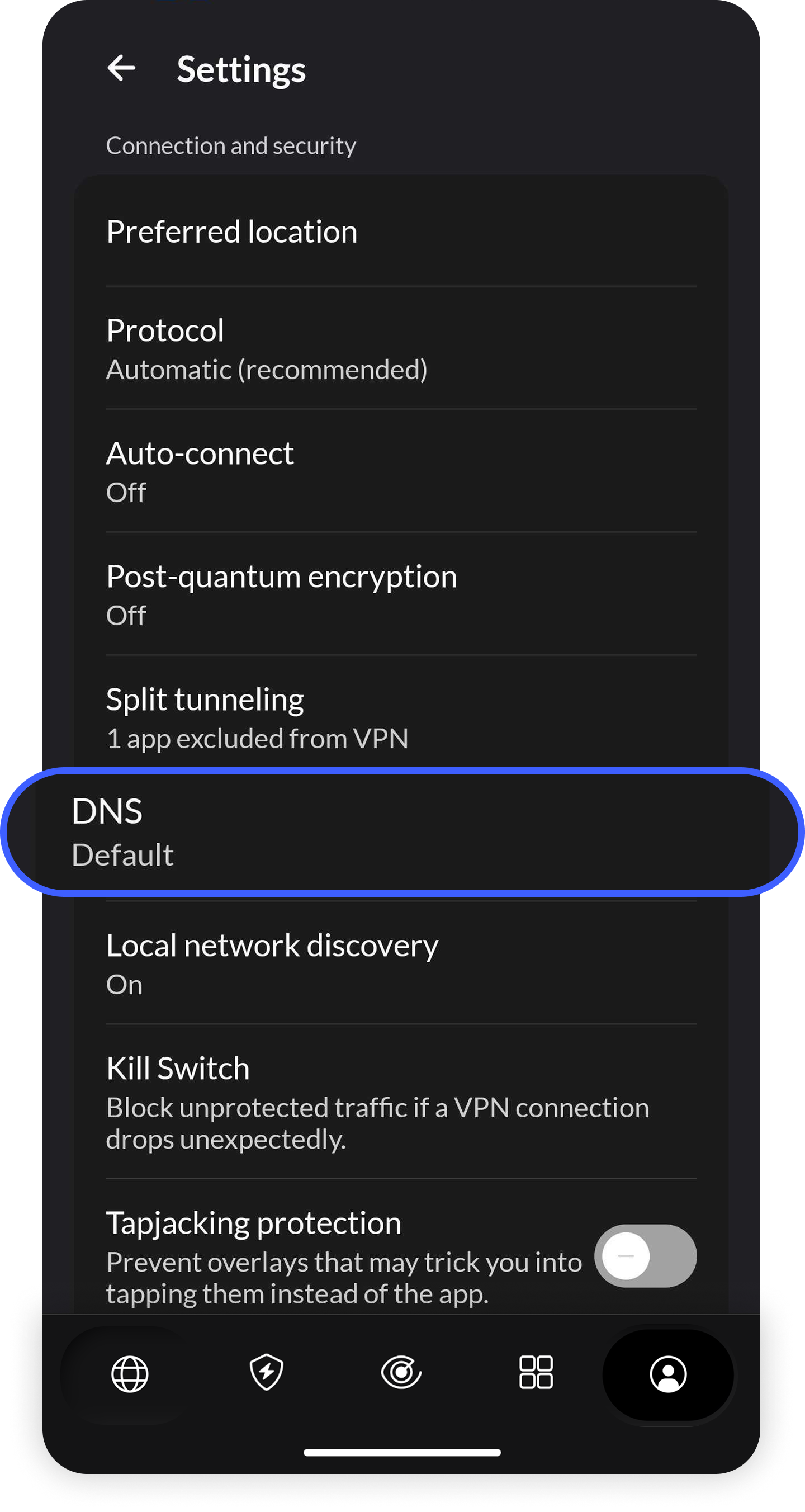 NordVPN Android app Settings menu with the 'DNS' option circled