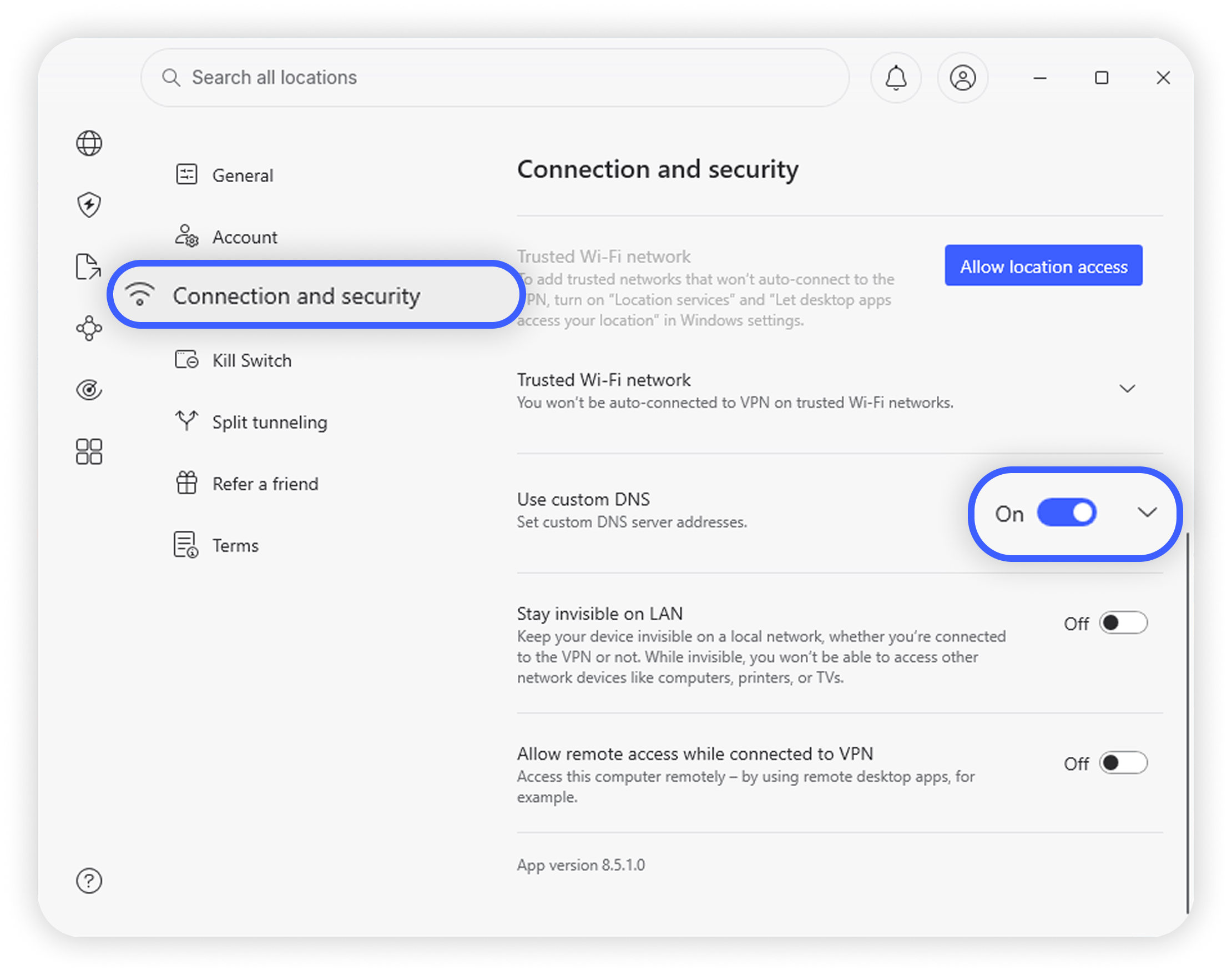 NordVPN Windows app Settings page with the 'Connection and ‘security option circled in blue and  with the 'Use custom DNS' row and its On toggle circled in blue