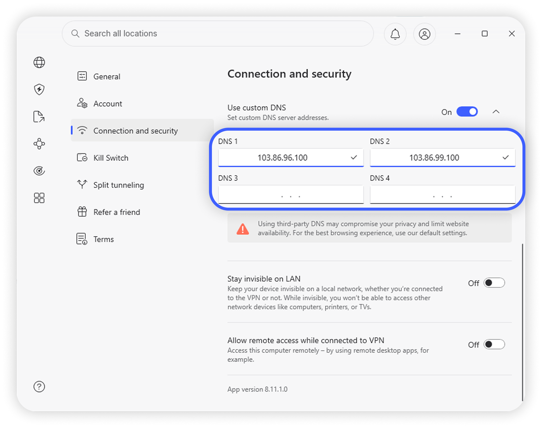 NordVPN Windows app Connection and Security settings with custom DNS enabled and 103.86.96.100 and 103.86.99.100 entered in the address fields