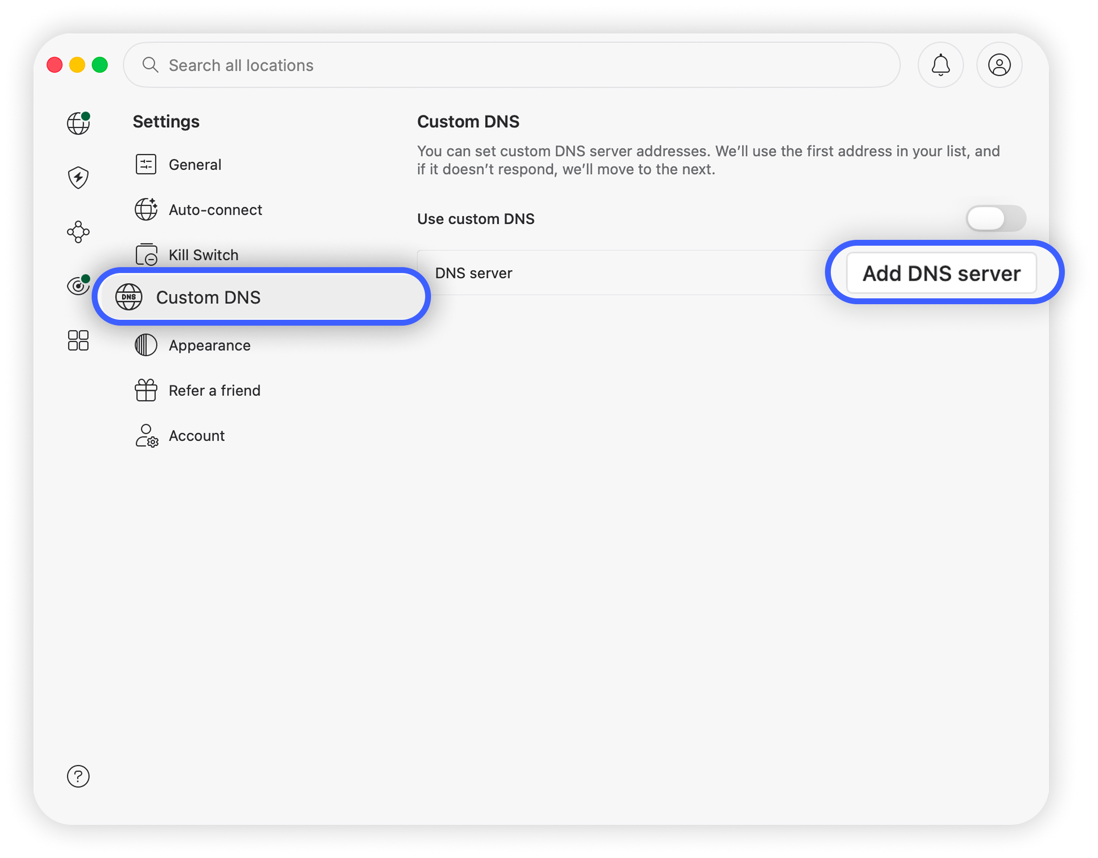 NordVPN macOS app Settings with the 'Custom DNS' menu item circled, and 'Add DNS server' circled on the right