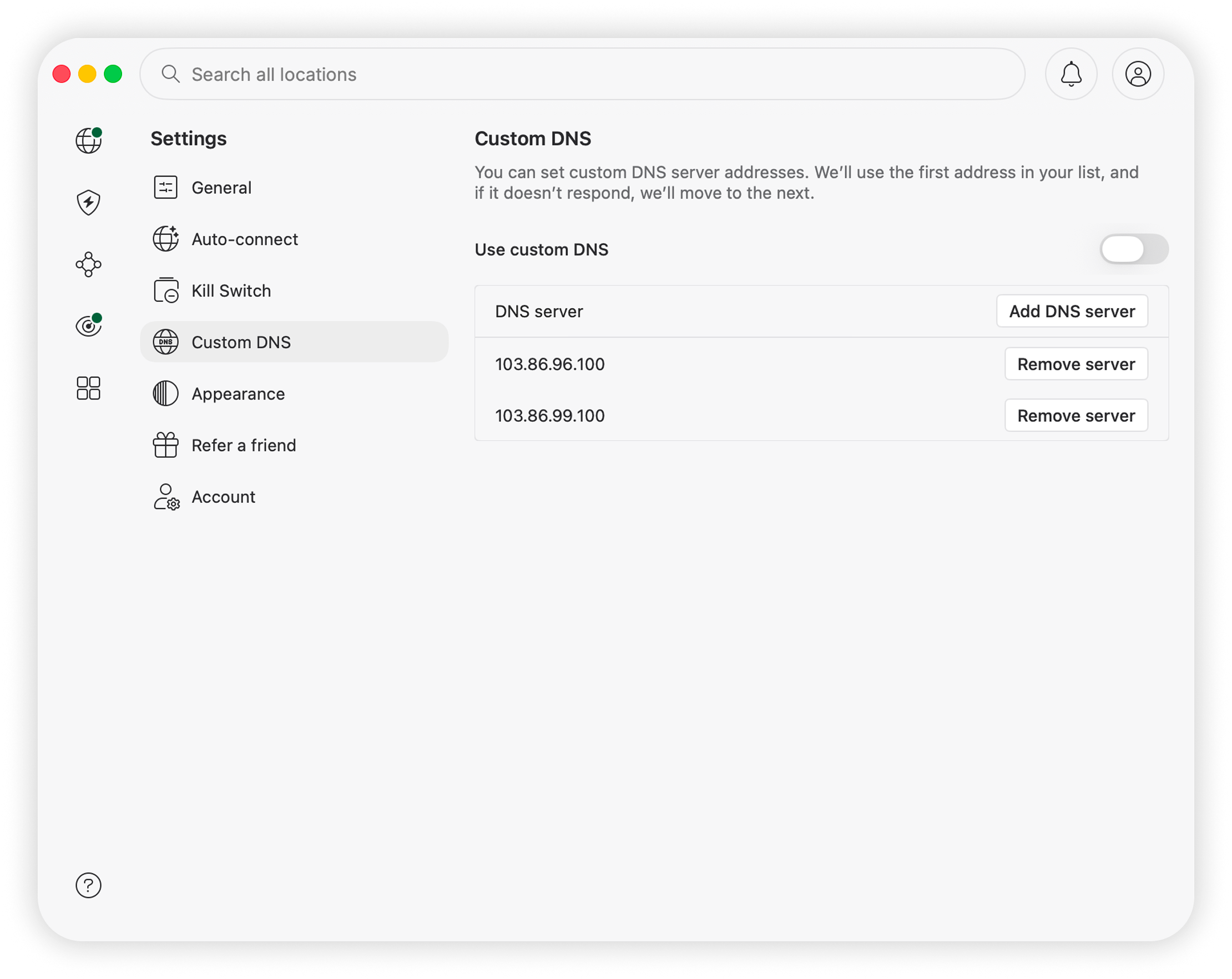NordVPN macOS app Custom DNS settings showing both 103.86.96.100 and 103.86.99.100 entered as custom DNS addresses