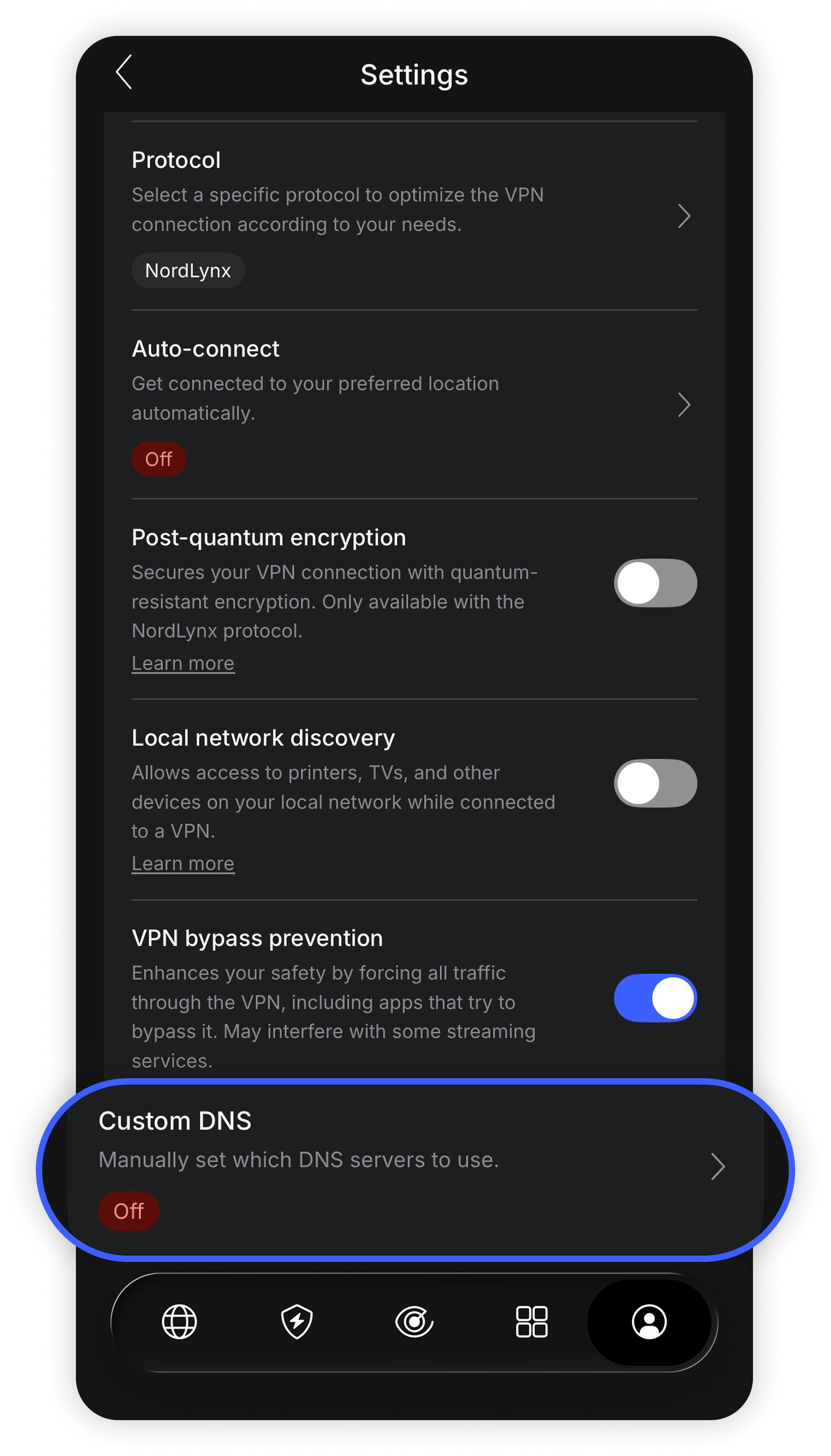 NordVPN iOS app Settings screen with the 'Custom DNS' option circled