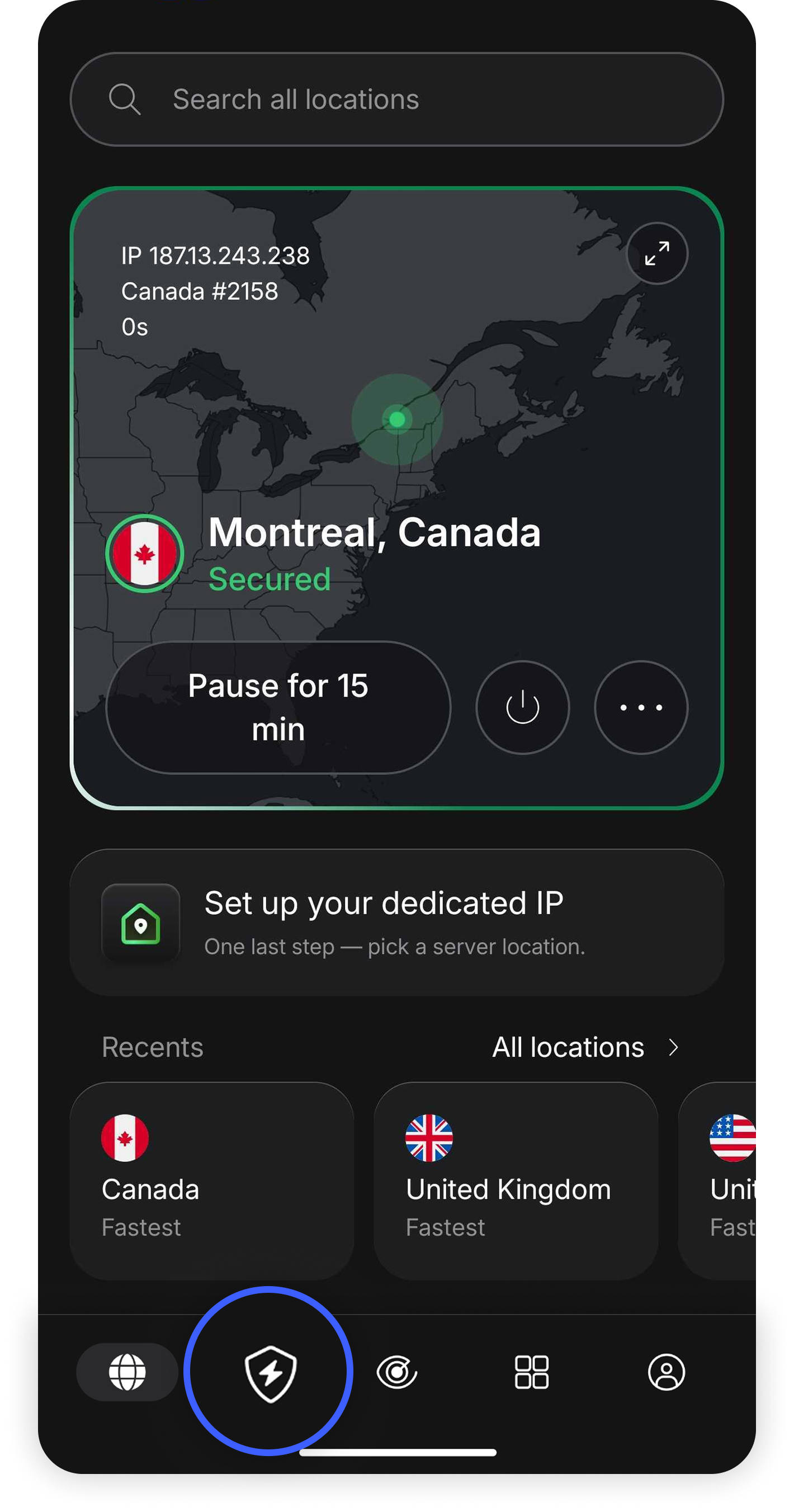 NordVPN Android app home screen showing 'Secured' status with the Real-time Protection shield icon circled in the bottom navigation bar