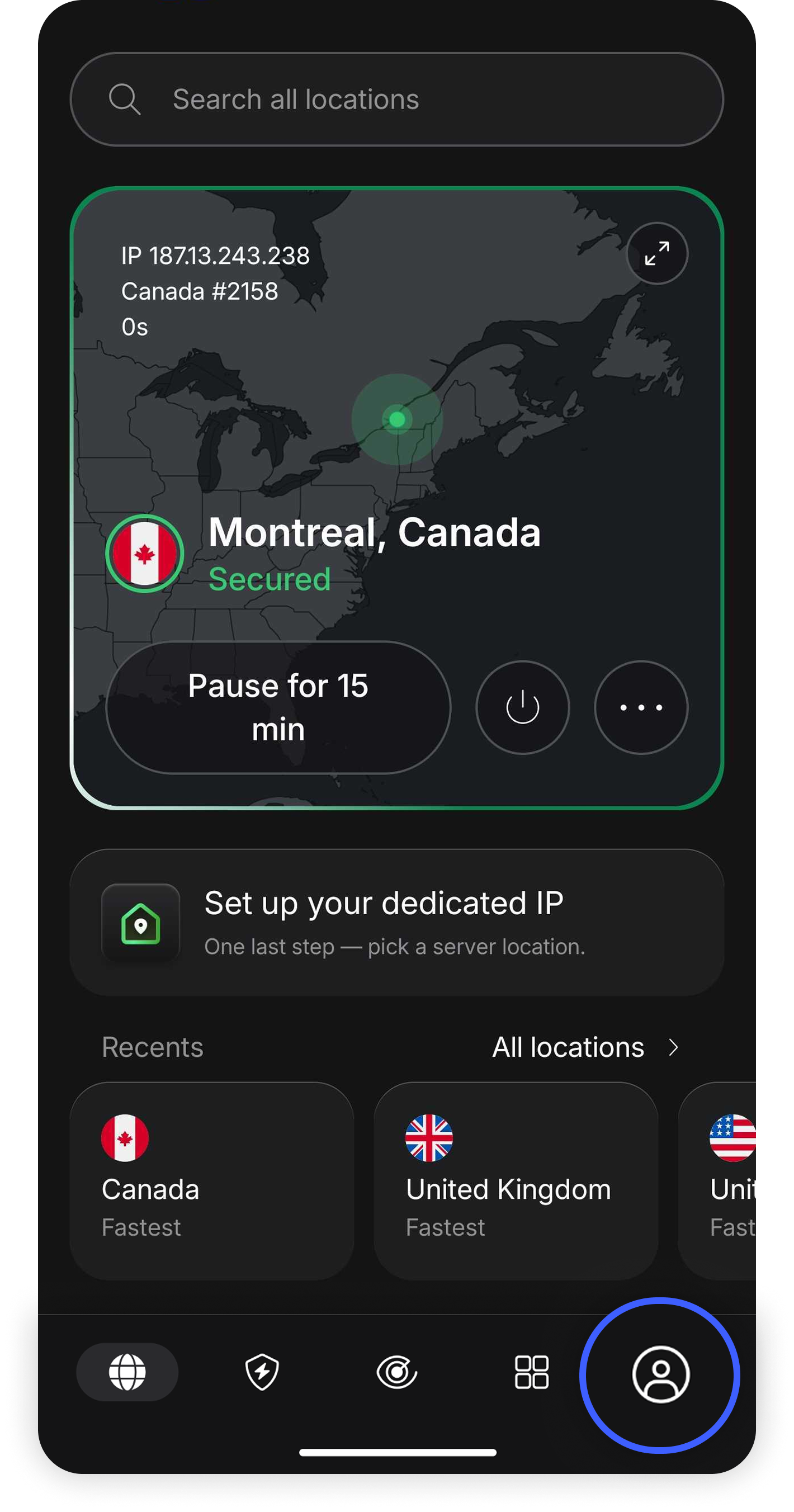 NordVPN Android app home screen with the profile icon circled in the bottom navigation bar