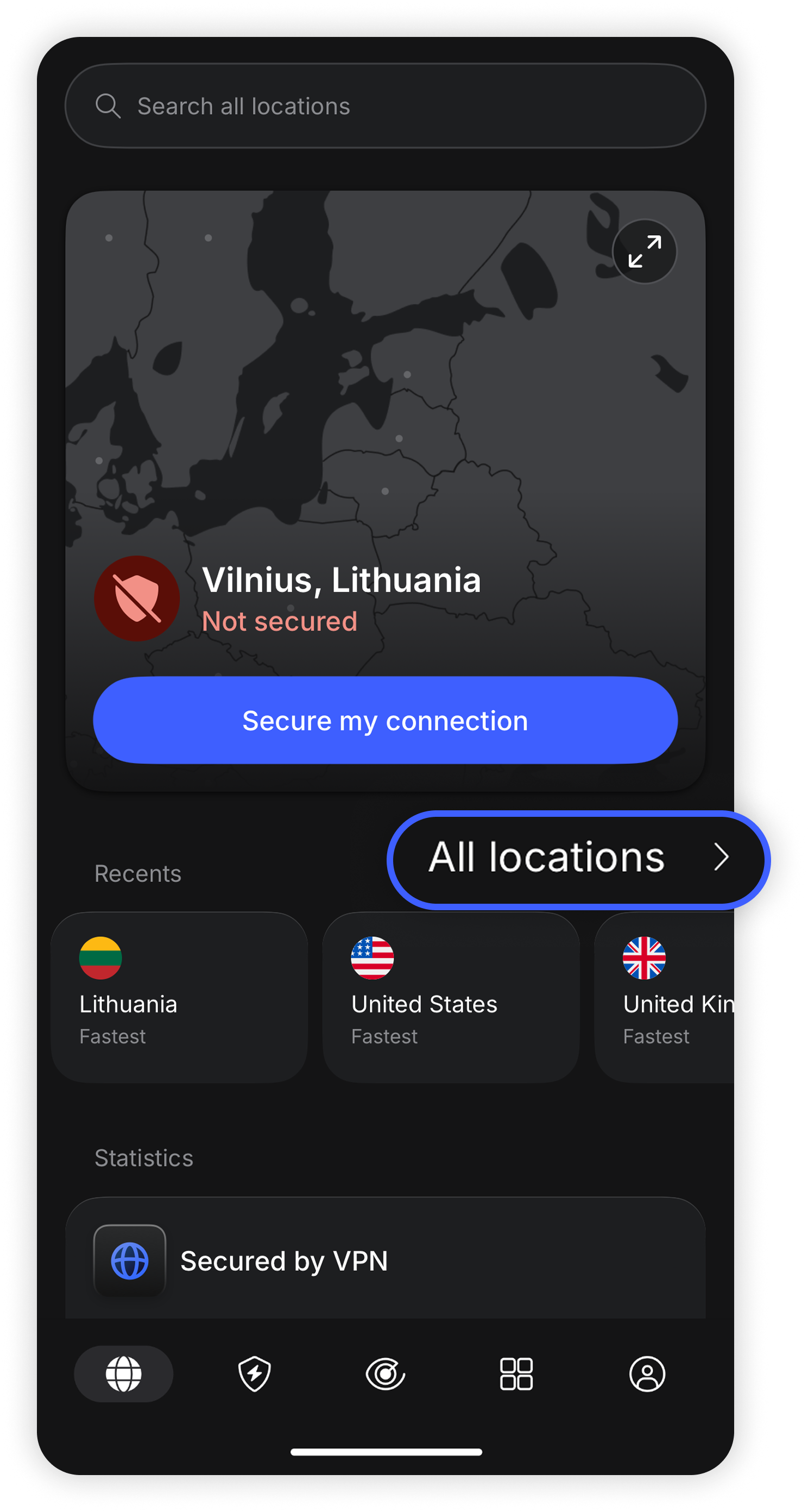 NordVPN iOS app home screen showing 'All locations' button highlighted in a blue circle