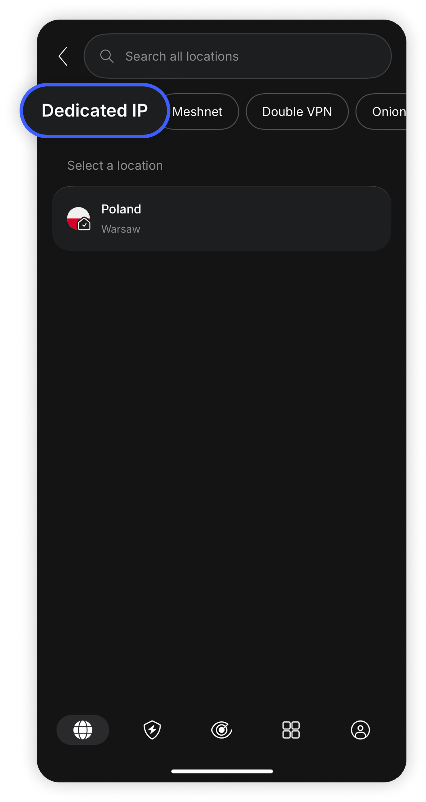 NordVPN iOS app specialty servers list with 'Dedicated IP' tab highlighted and an assigned Warsaw, Poland server shown