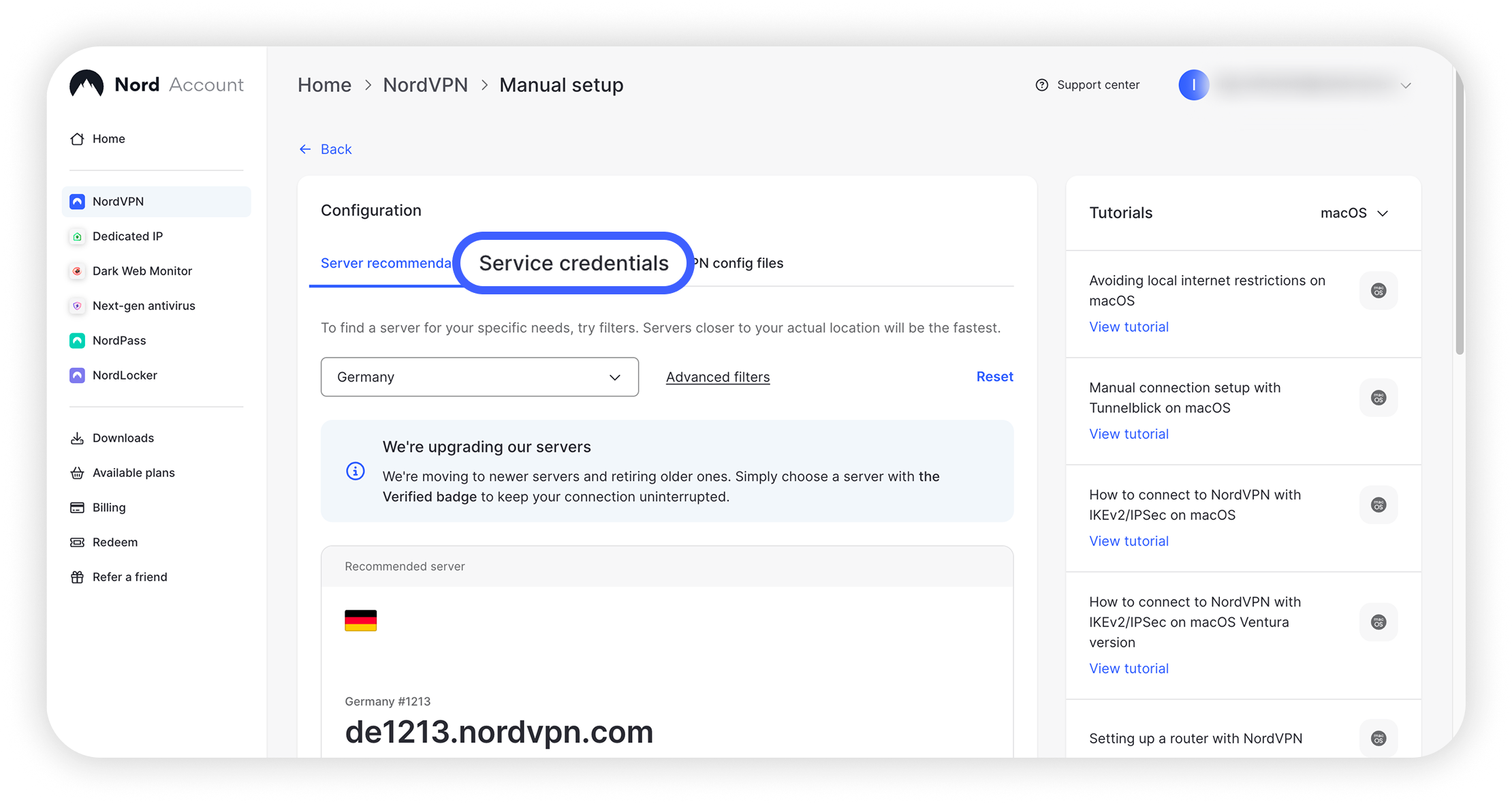 Nord Account Configuration page with 'Server credentials' tab circled 