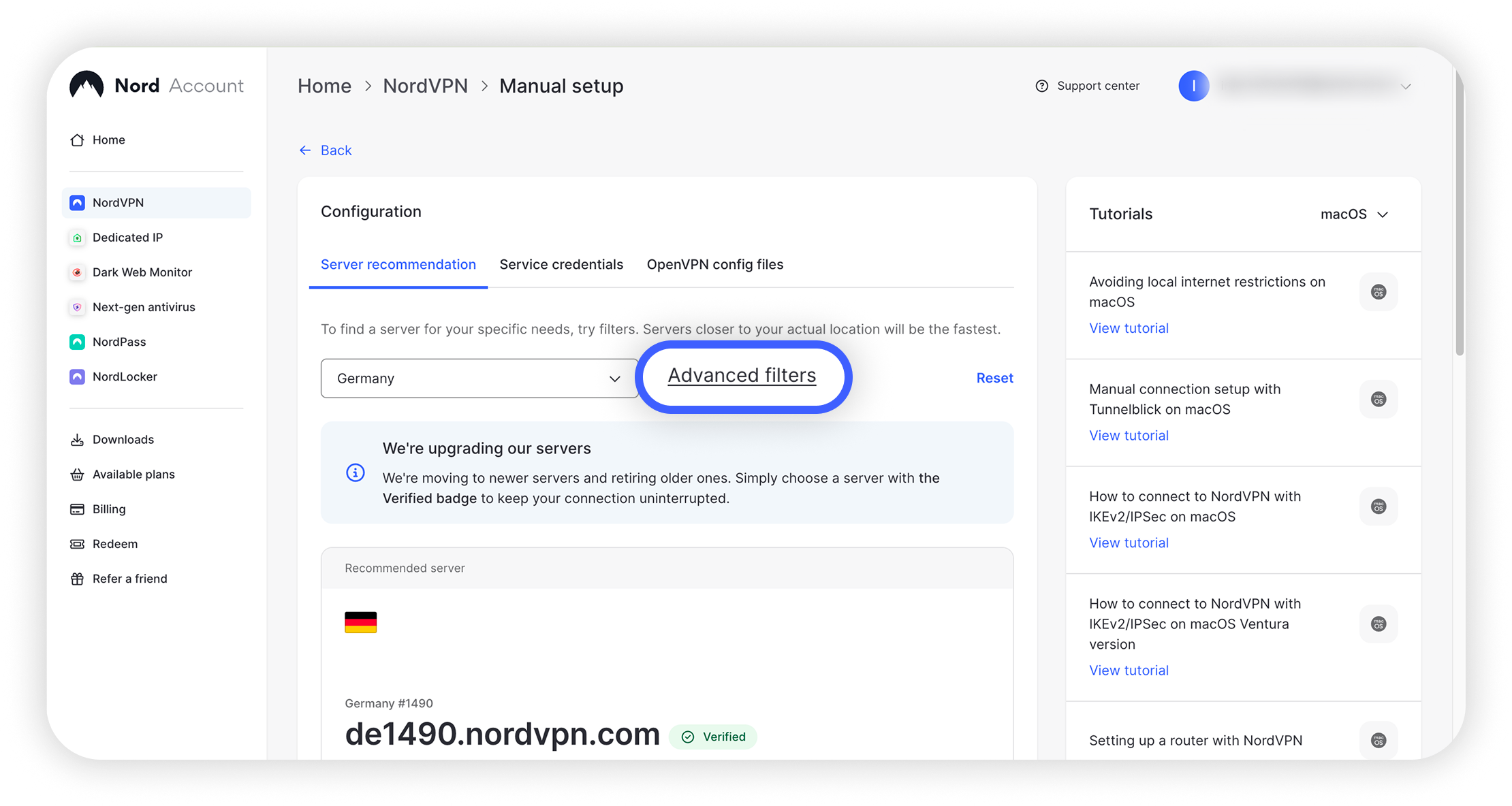 Nord Account server recommendation page with 'Advanced filters' link circled