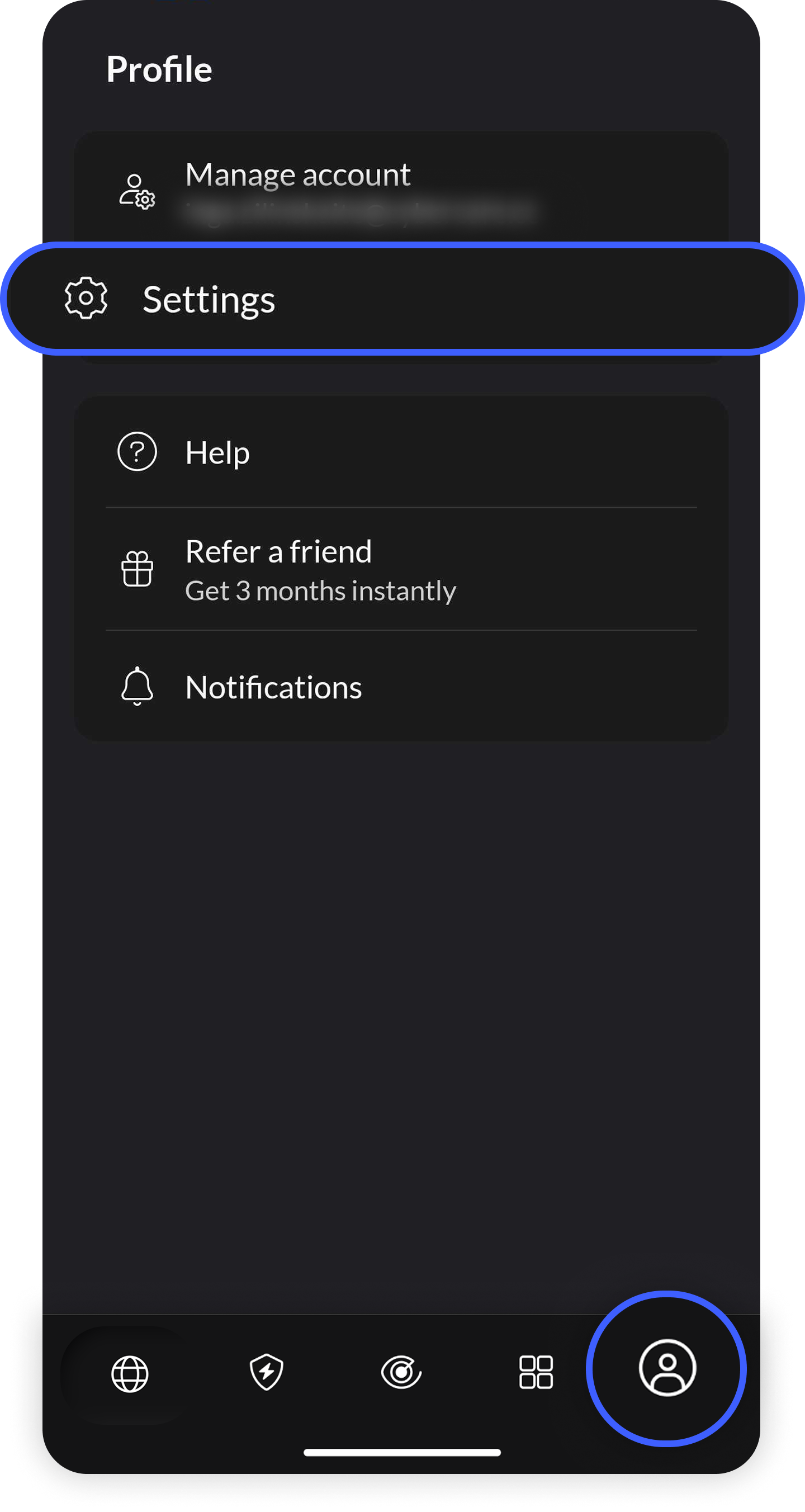 NordVPN Android app Profile screen with Settings option and profile icon at the bottom circled