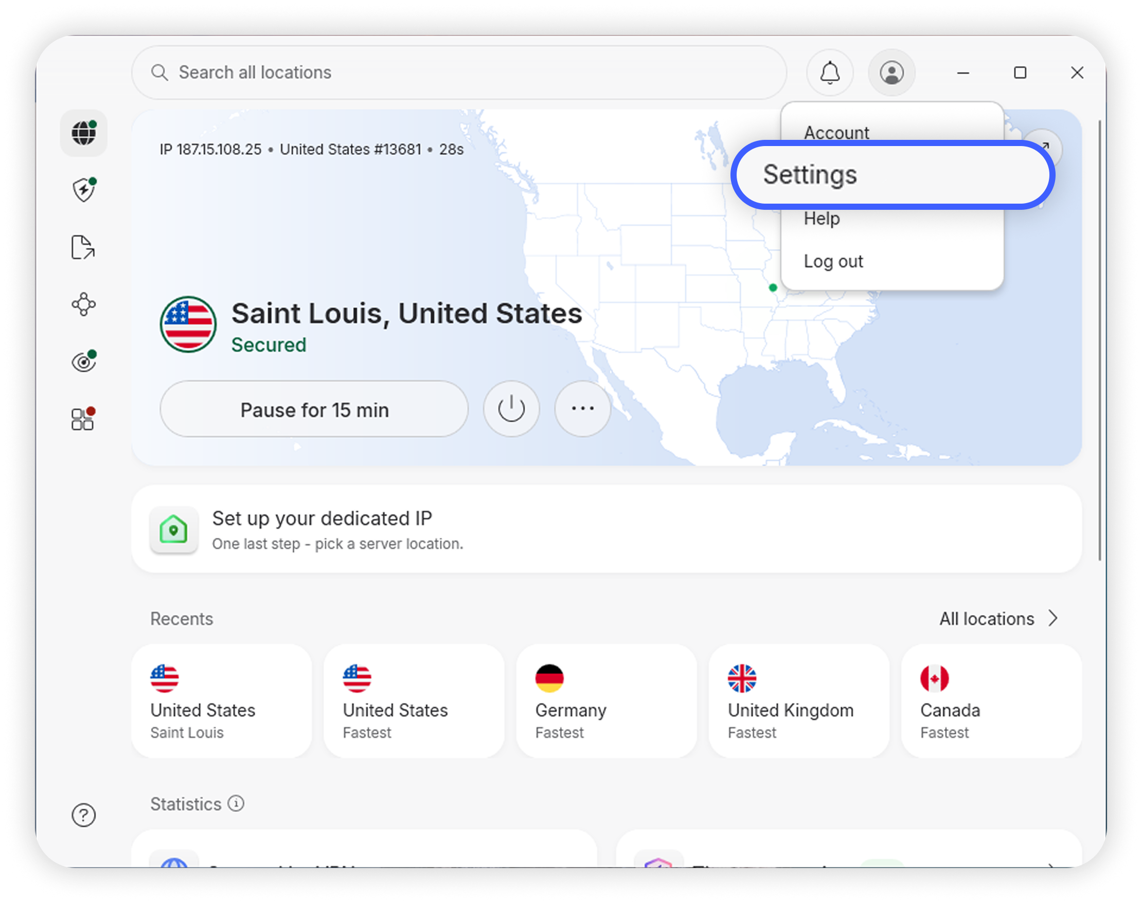 NordVPN Windows 10/11 app main screen with highlighter profile icon and settings option circled at the top-right corne