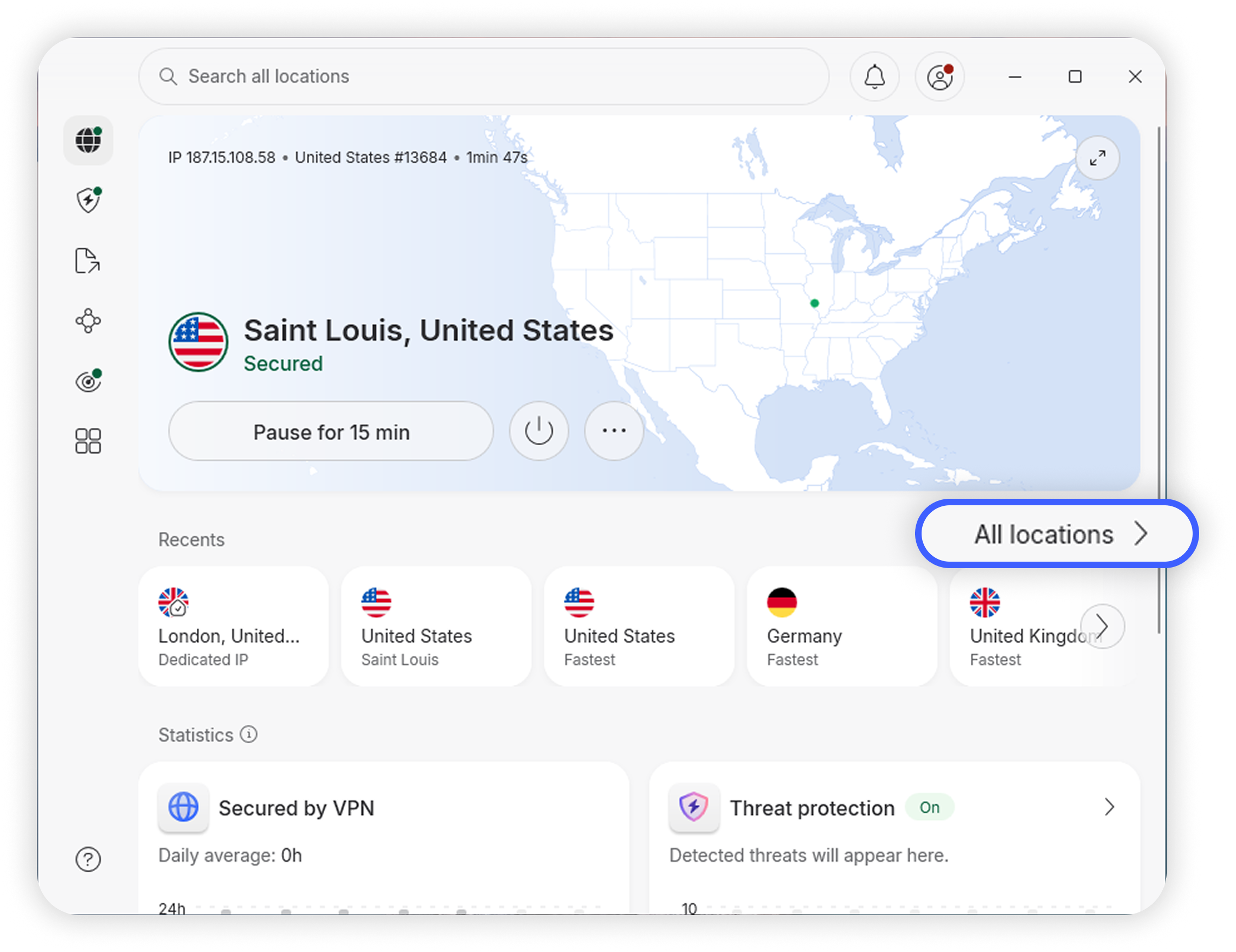 NordVPN desktop app home screen with the All locations button highlighted