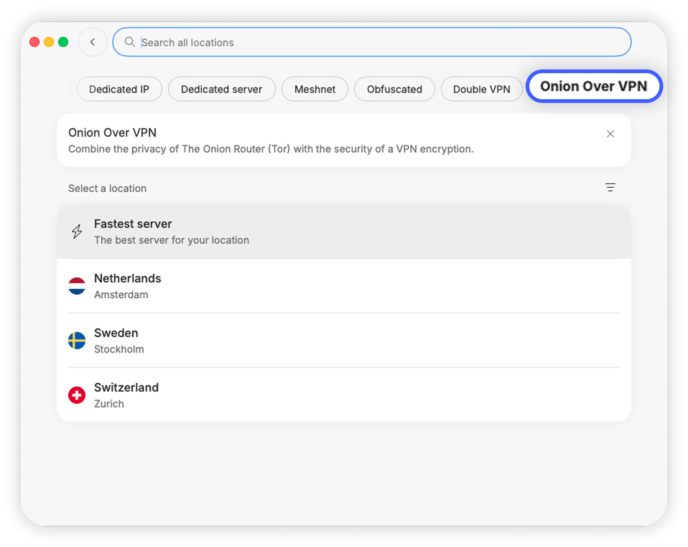 NordVPN desktop app (macOS) showing All location list with 'Onion Over VPN' option highlighted in a blue rectangle on the top menu