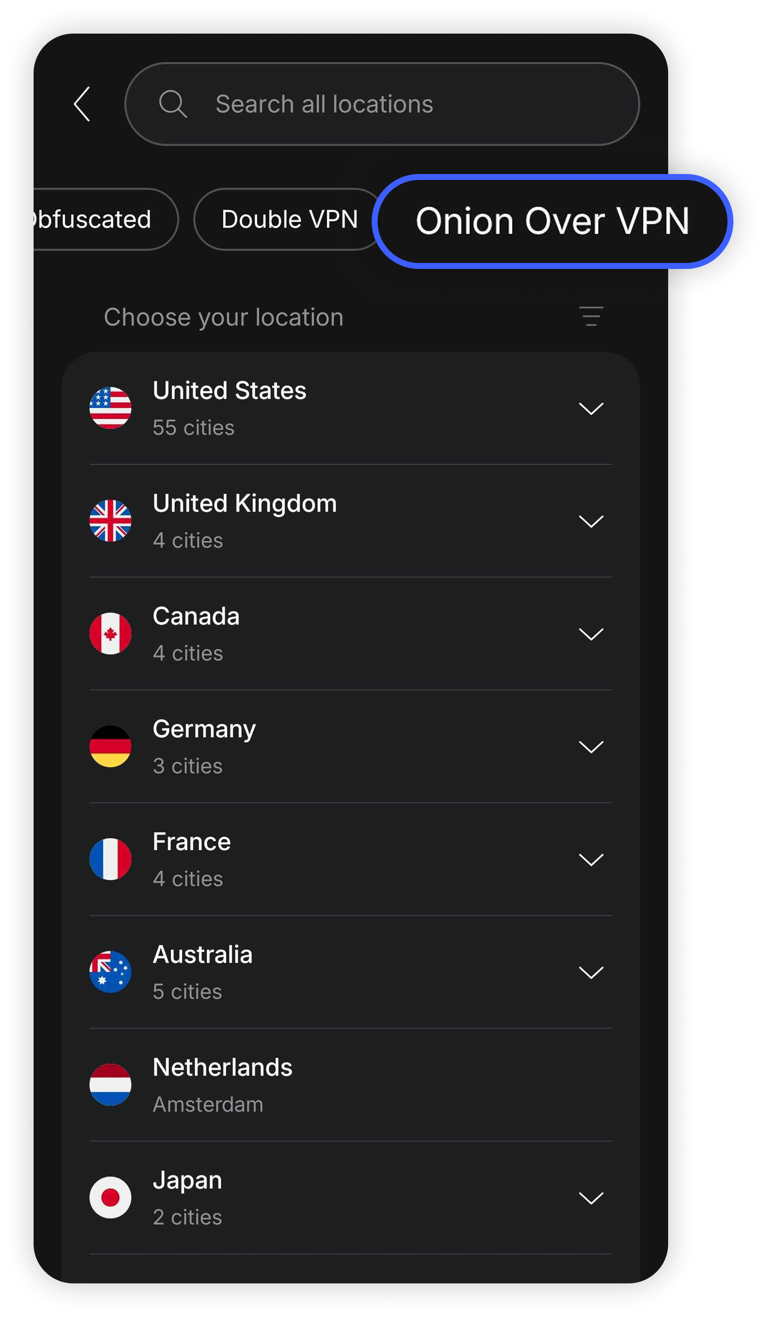 NordVPN mobile app All locations screen with Onion Over VPN  button highlighted