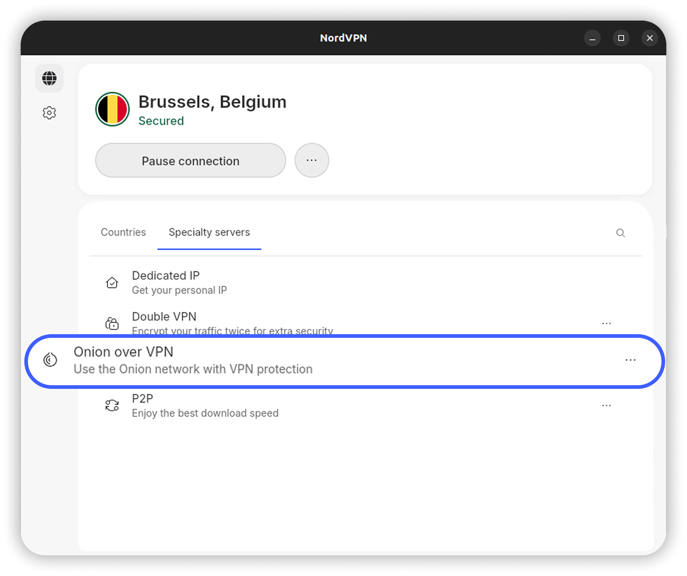 NordVPN Linux GUI Specialty servers list with Onion over VPN highlighted