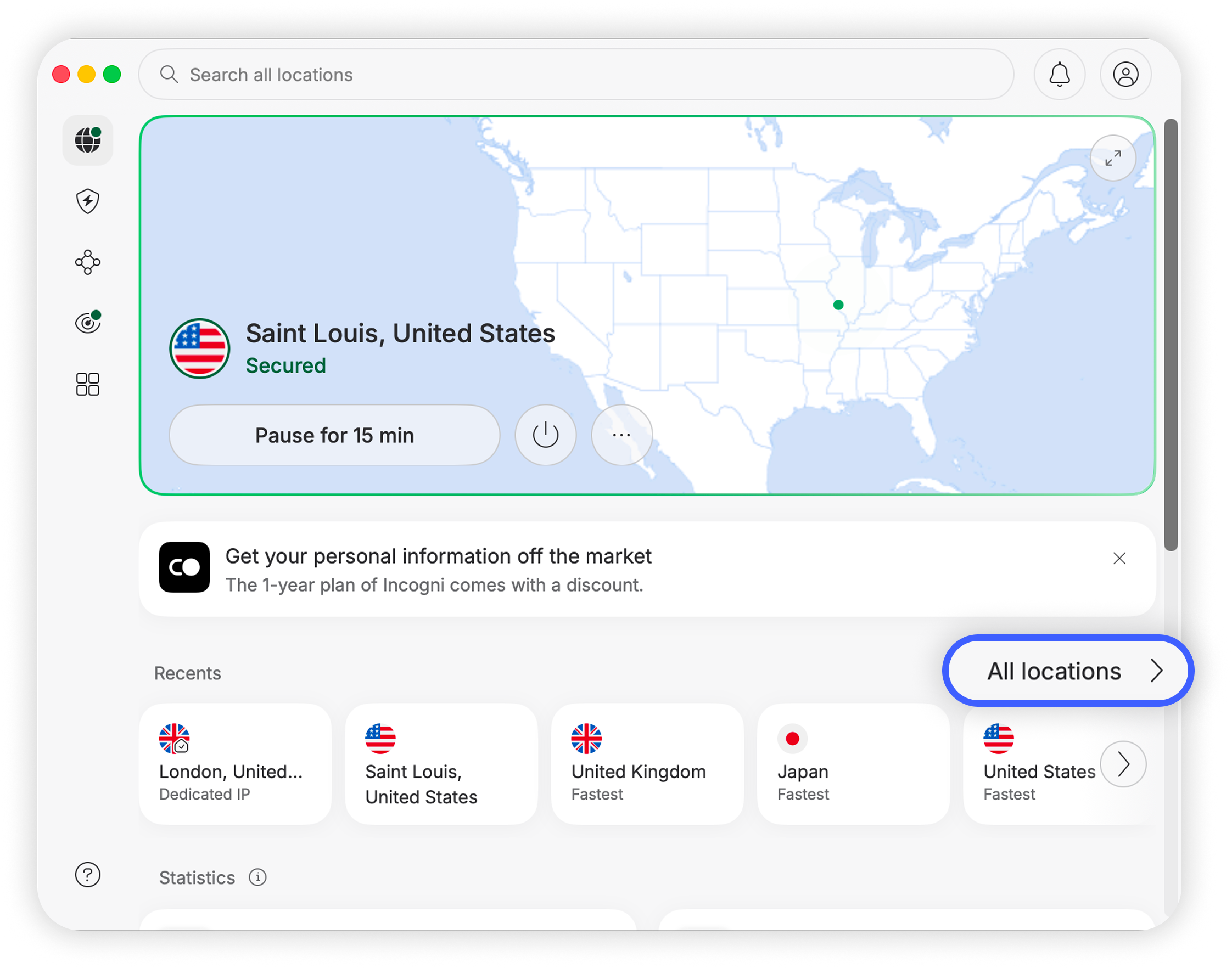 NordVPN desktop app home screen with the All locations button highlighted