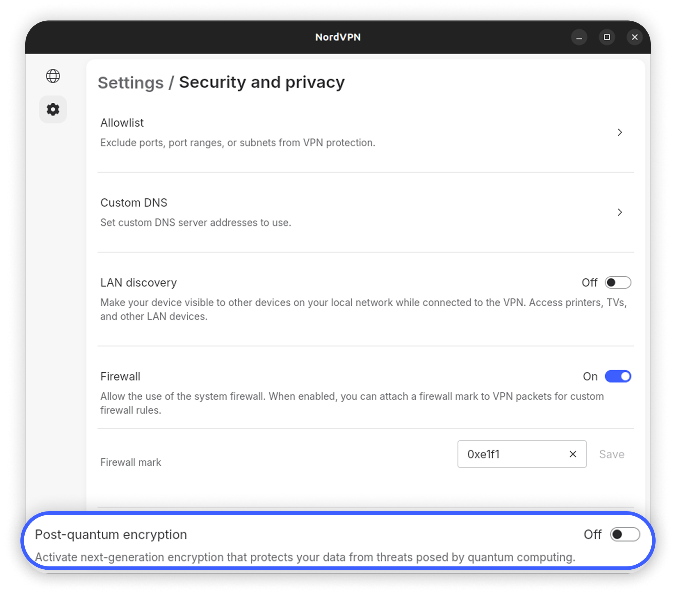 NordVPN Linux GUI Security and privacy page with the Post-quantum encryption option highlighted