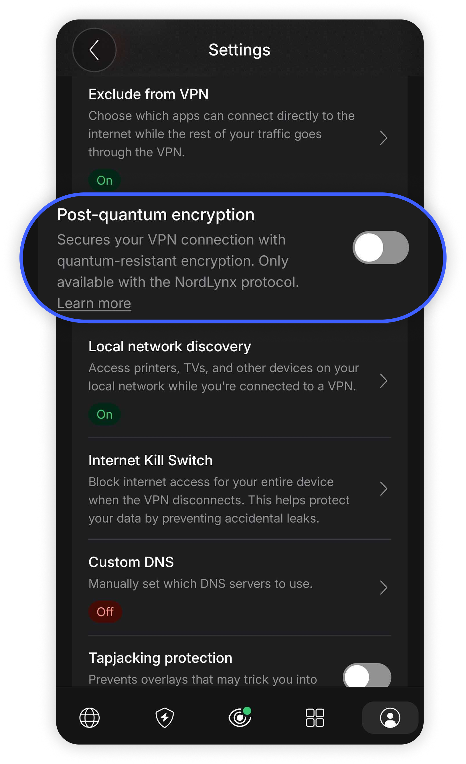 NordVPN Android app Settings screen with 'Post-quantum encryption' option highlighted