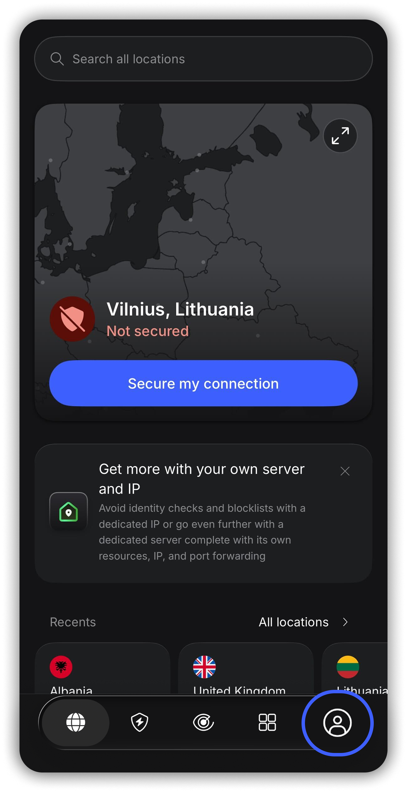 NordVPN iOS app home screen with the profile icon circled in the bottom navigation bar