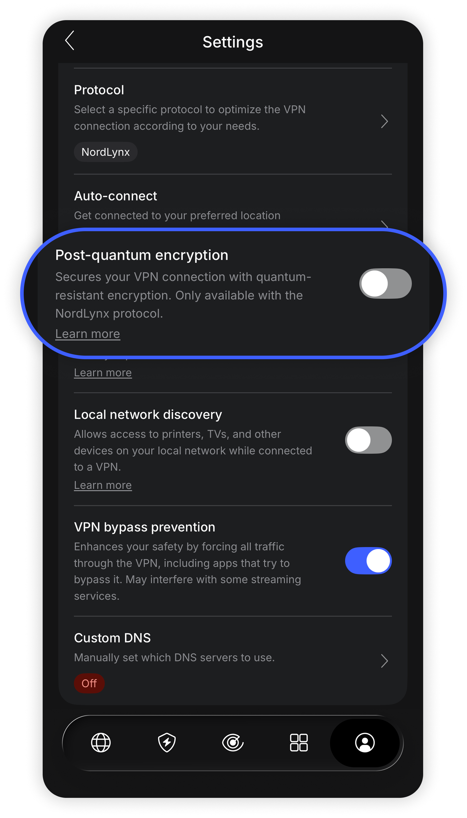 NordVPN iOS app Settings with Post-quantum encryption highlighted