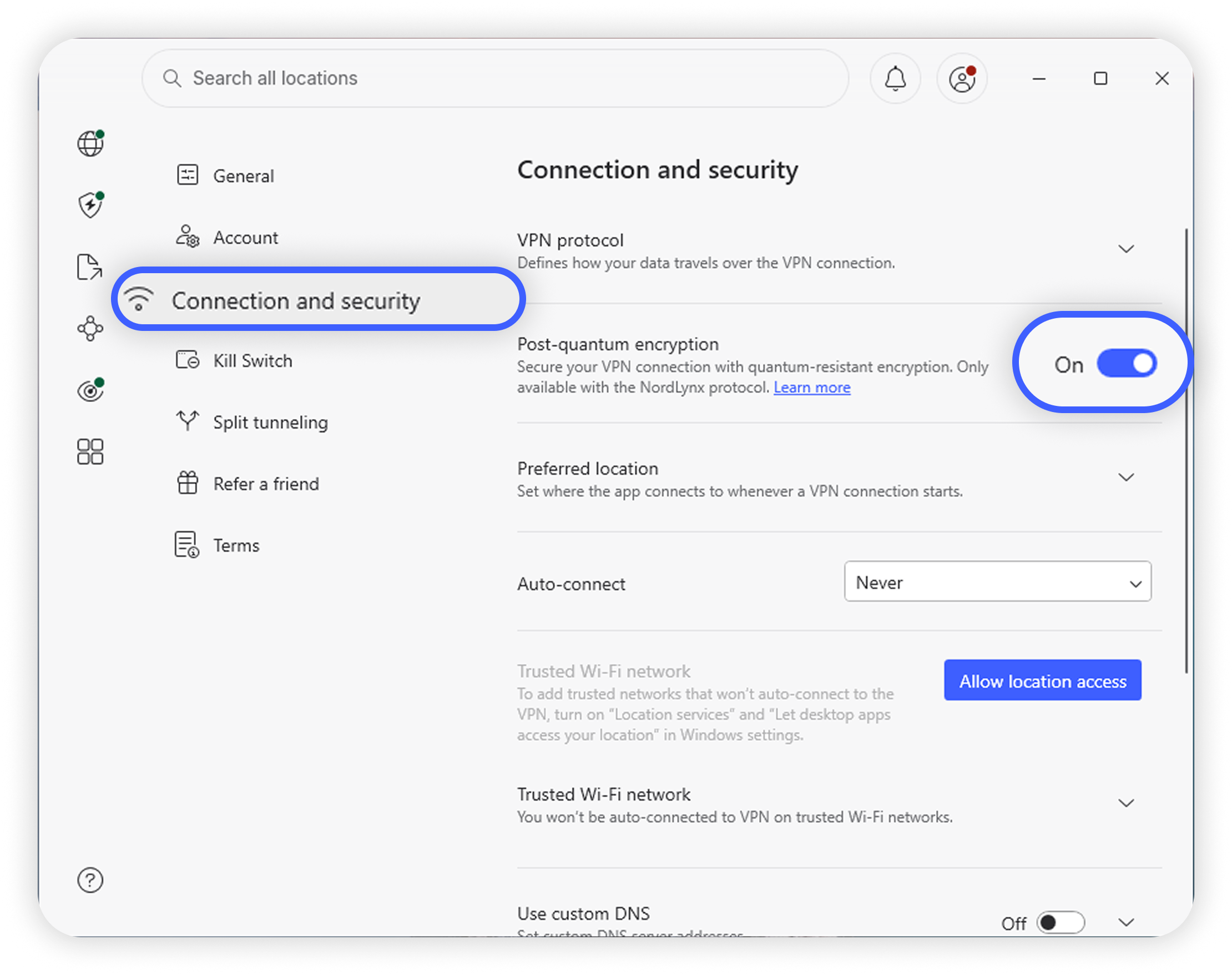 NordVPN Windows app Settings with 'Connection and security' highlighted in the left sidebar and Post-quantum encryption 'On' option highlighted